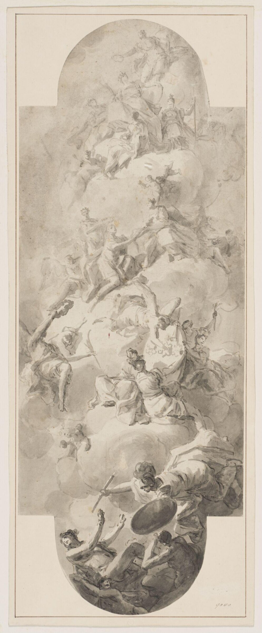 Ceiling design, showing the Bourbon arms supported by Virtues, and the enemies of the state repulsed, Domenico Mondo, ок. 1737–1787