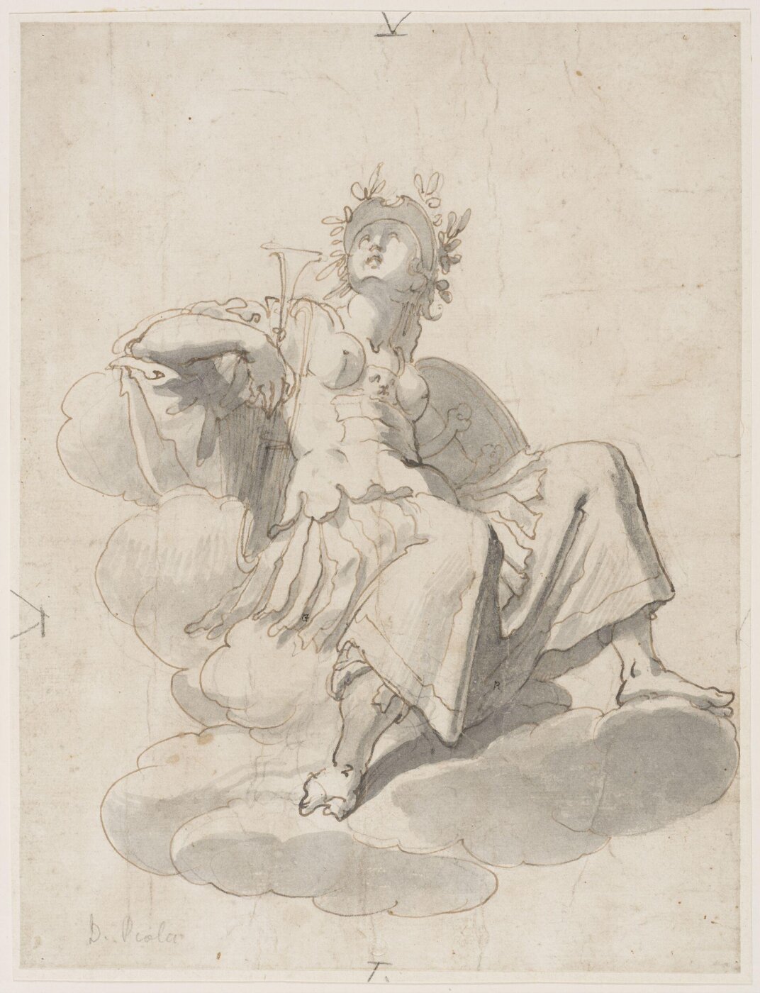 Unknown, Allegorical figure in armour with a trumpet, seated on a cloud