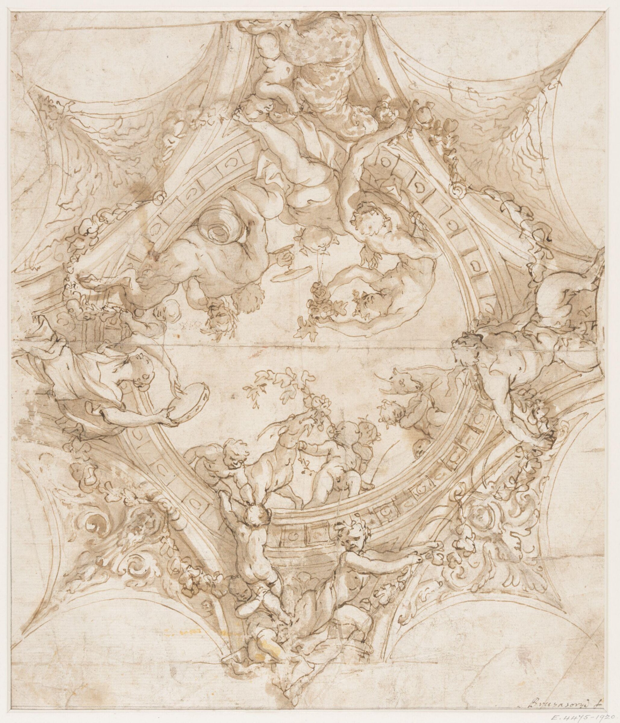 Design for a painted and stucco ceiling, with  Bacchus and his train revelling on the edge of a  circular opening, DOMENICO PIOLA, 17th century