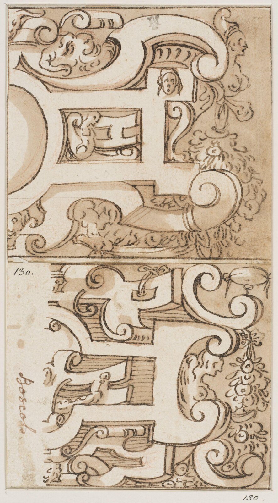 Designs (2 on 1 sheet) for scrollwork and strapwork ornament, late 16th century