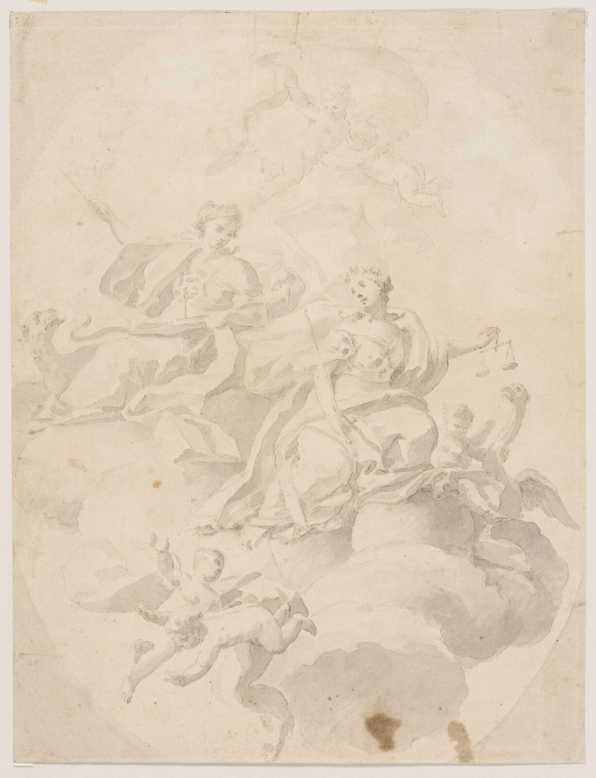 Design for a ceiling with Justic and a saint, early 18th century