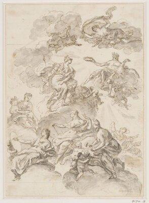 Minerva commending the arts of sculpture, architecture, painting and music to Jupiter