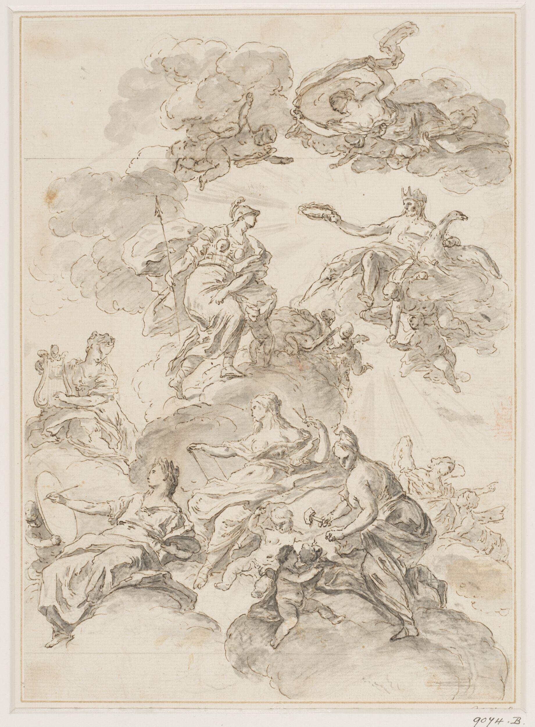 Minerva commending the arts of sculpture, architecture, painting and music to Jupiter