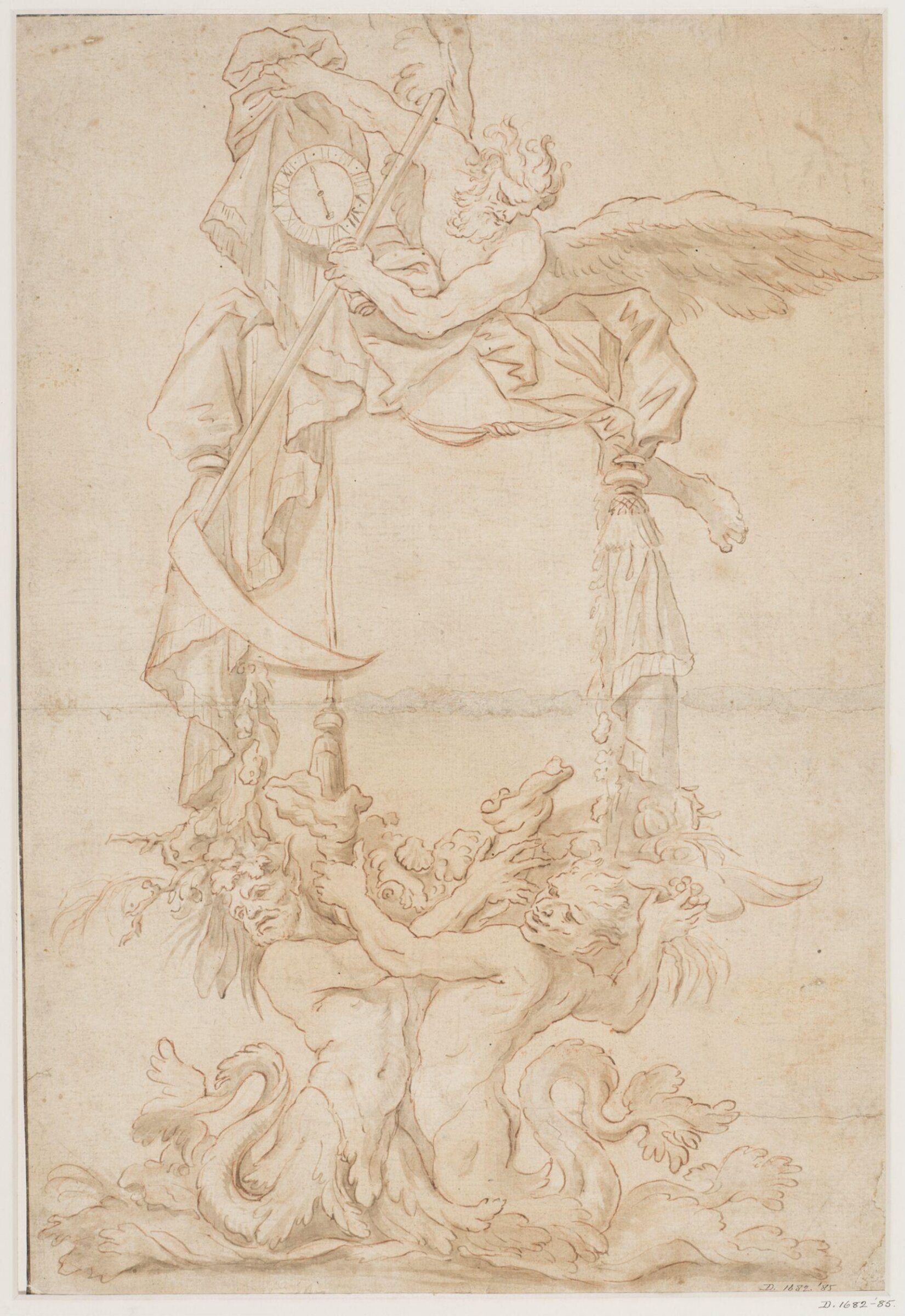 Ornamental design,  probably for a title page: a  figure of Time resting on a  cartouche held up by a pair  of tritons and holding a clock, Domenico Piola, 17th century