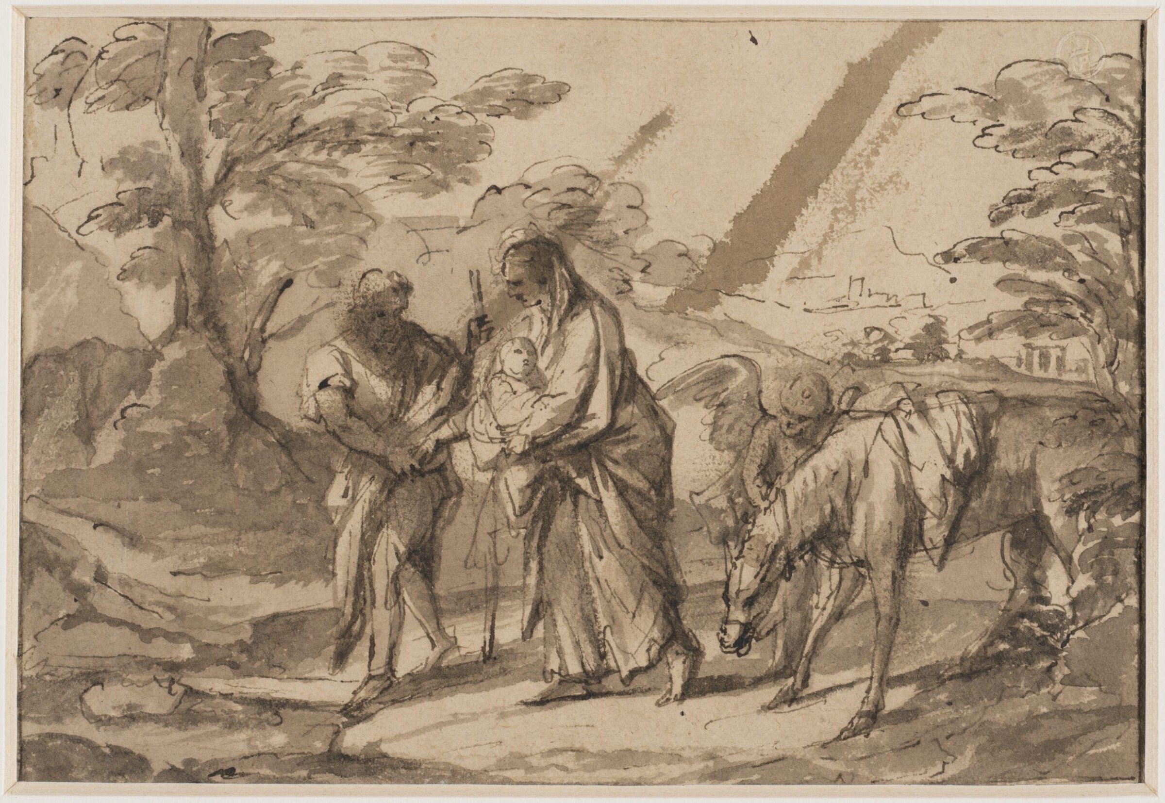 Recto: The flight into Egypt, with the Holy Family on foot and the donkey held by an angel, Pier Francesco Mola