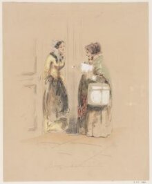 A woman with a hat-box handing a letter to a young girl standing at an open door thumbnail 1