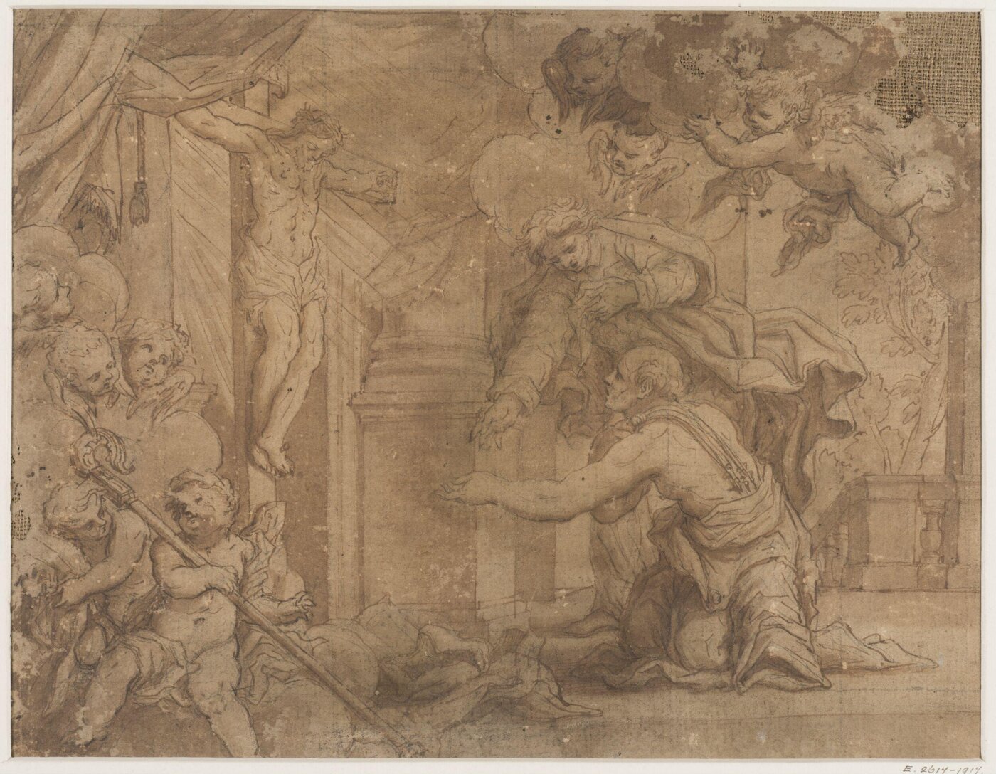 Unknown, A bishop or abbot on his knees scourging himself and receiving through the mediation of an angel a vision of the crucified Christ, while two putti play with his crozier and mitre