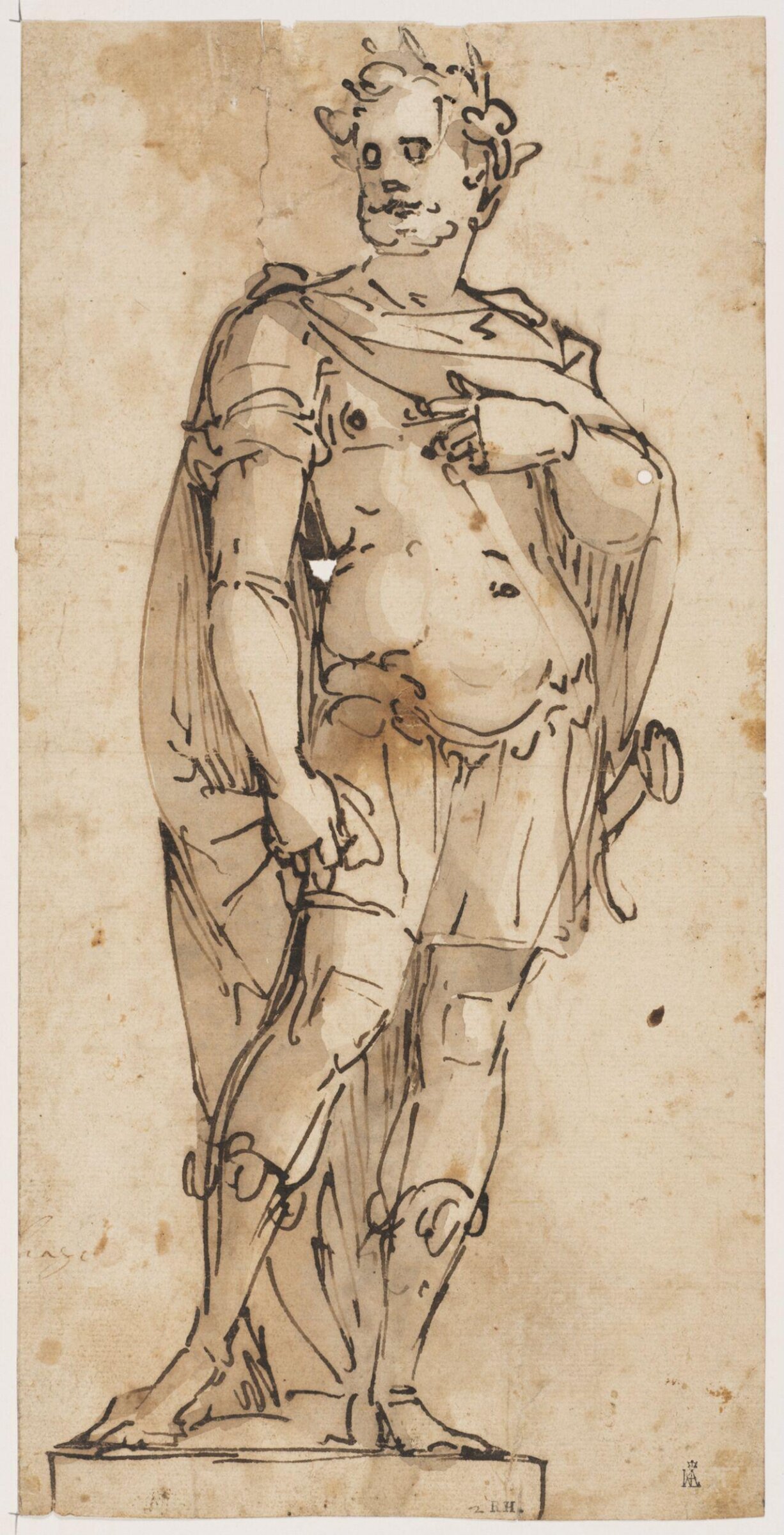 Recto: A Roman soldier standing on a pedestal; Verso: The same figure partially traced through in black chalk, Cambiaso, ca. 1550-1585