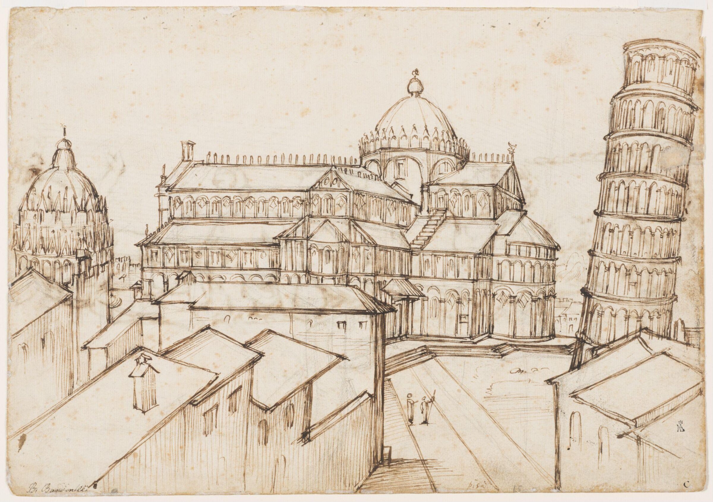 Recto: View of the cathedral, baptistery and leaning tower of Pisa, Giovanni Battista Naldini, 16th century