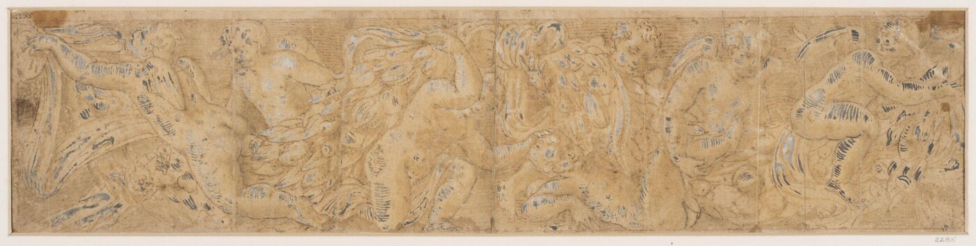 Unknown, A frieze, with putti playing with a garland of leaves and fruit