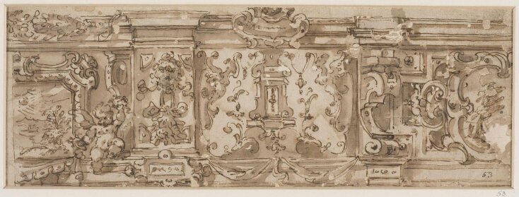 Designs (2) for friezes, decorated with scrolled cartouches containing landscapes top image