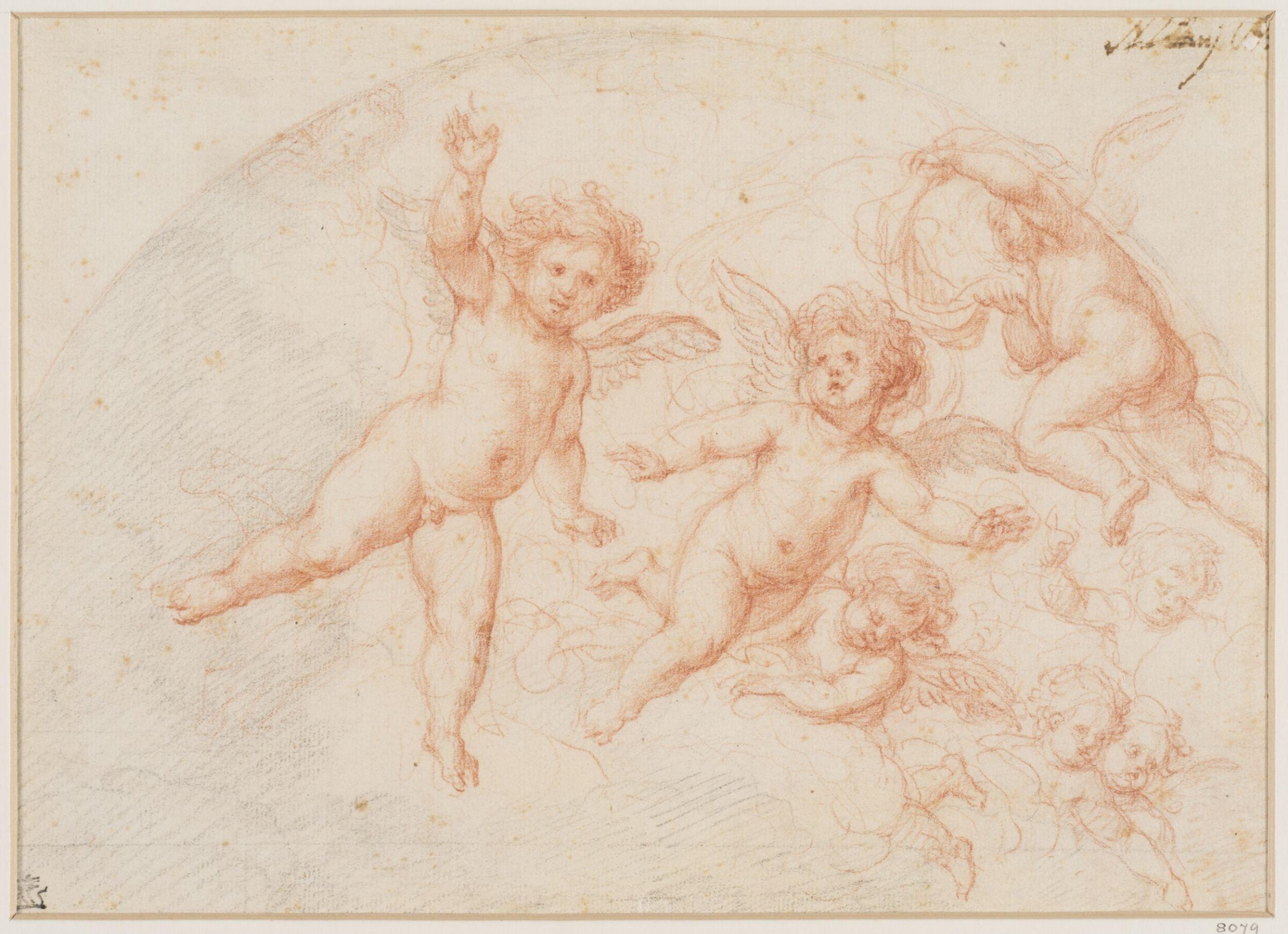 A group of putti flying among clouds, in a lunette, Francesco Albani, early 17th century