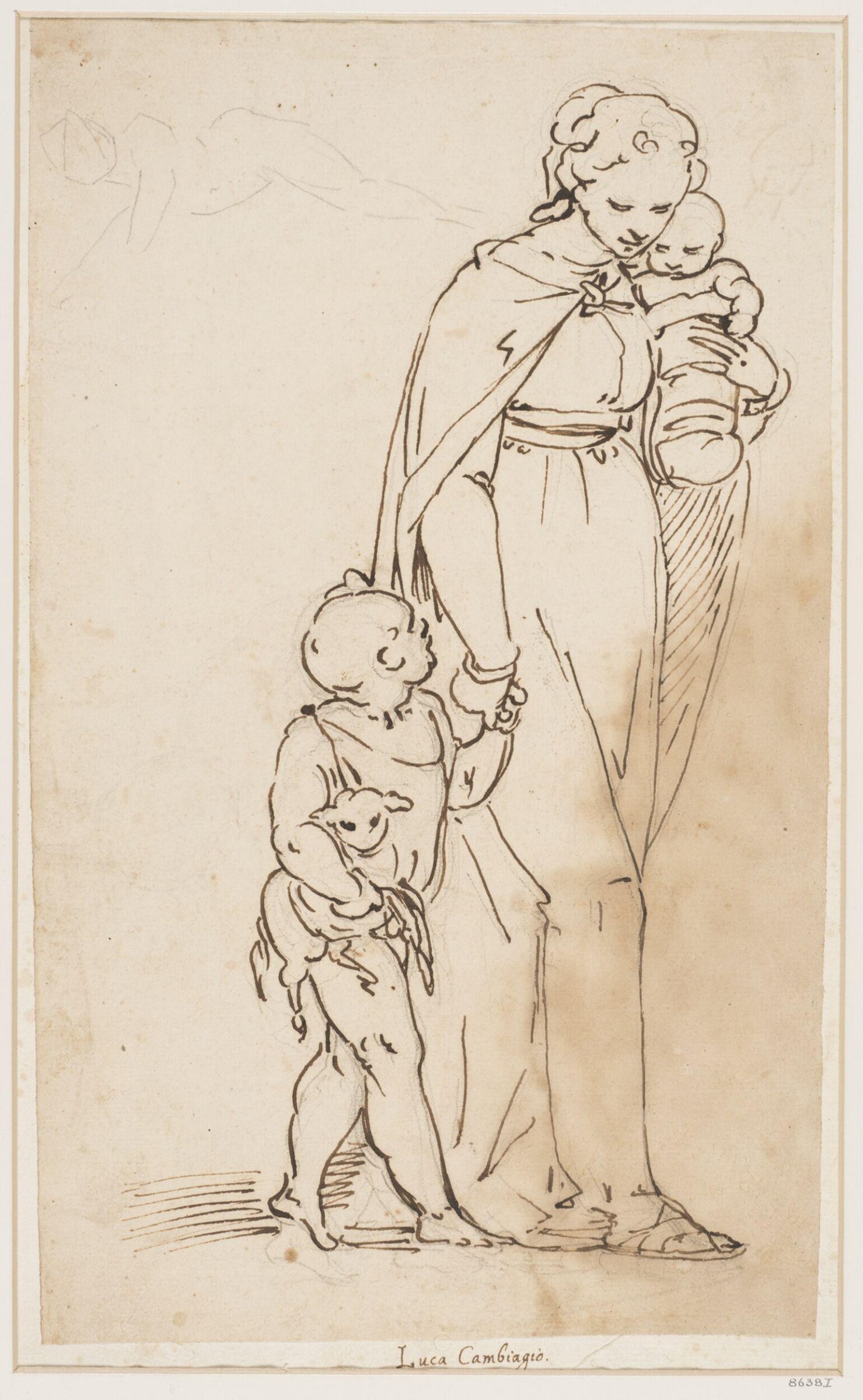 The Virgin walking, carrying the Child and holding the young St. John the Baptist by the hand; with a rough sketch in black chalk of another figure, Cambiaso, ca. 1550-1585