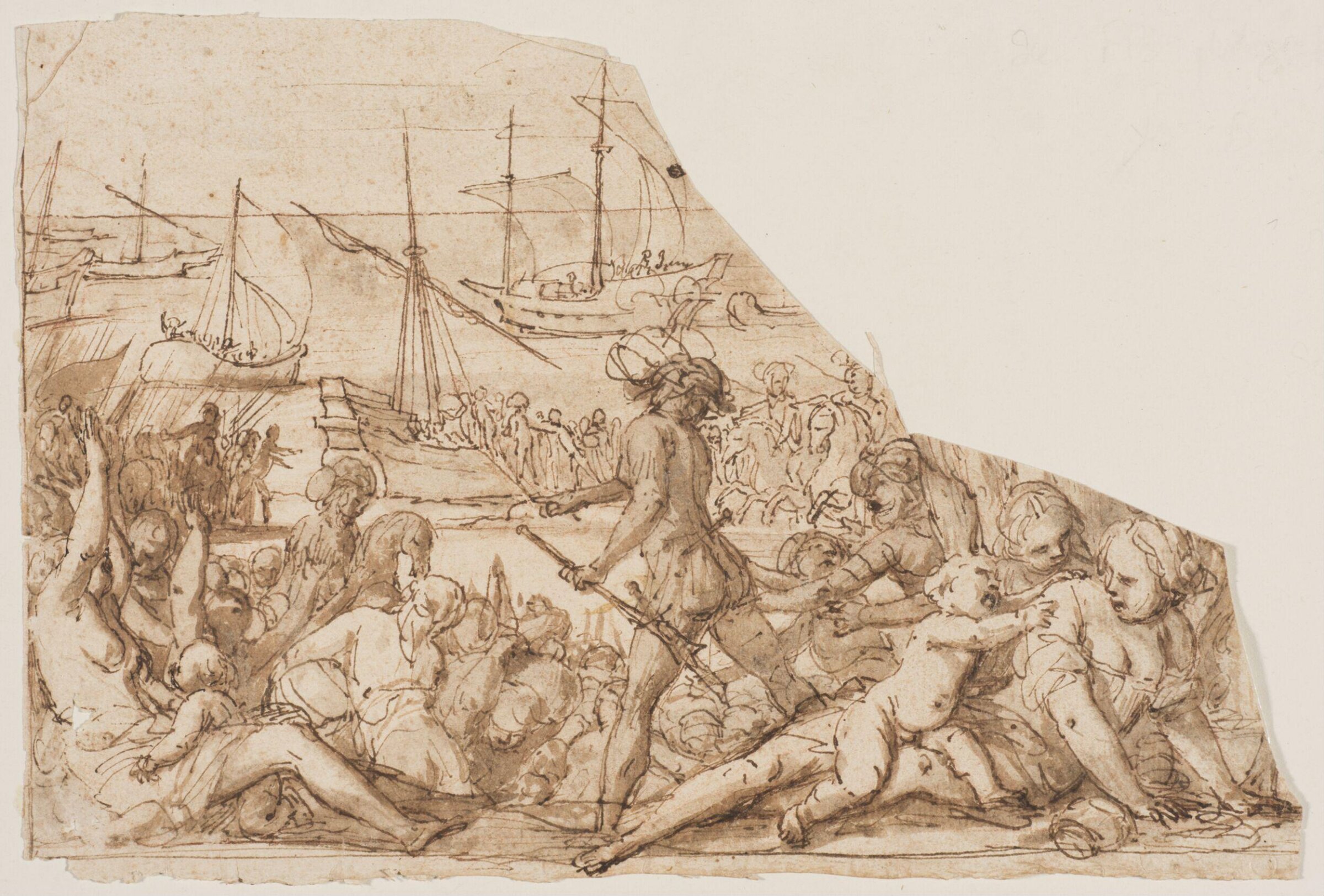 View of a beach with troops embarking and a group of reclining figures in the foreground, Giovanni Baglione, ca. 1600-1644