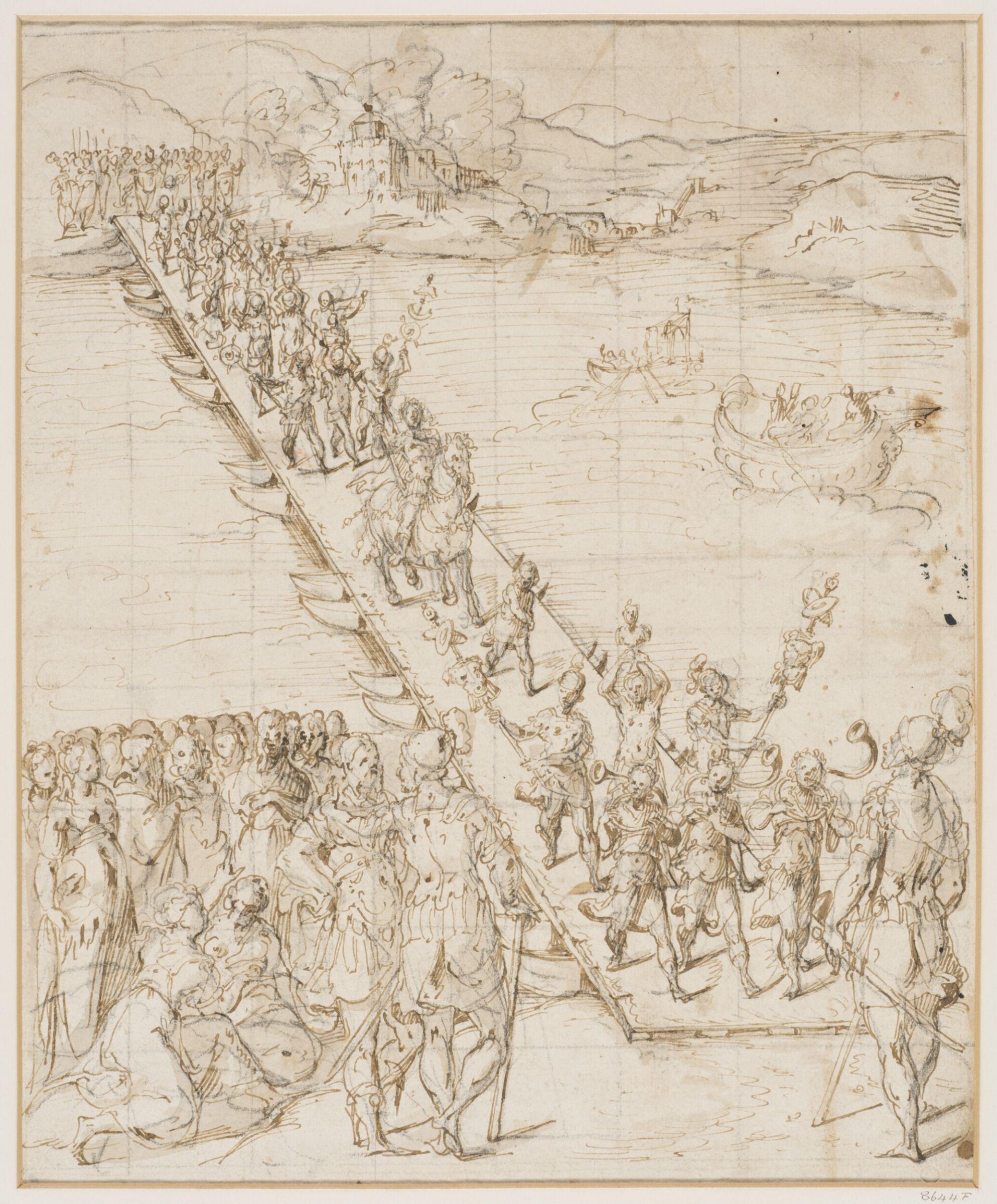 An army, with trumpeters and standard-bearers in the van, crossing a river by pontoon bridge, Bernadino Campi, ca. 1522-1595