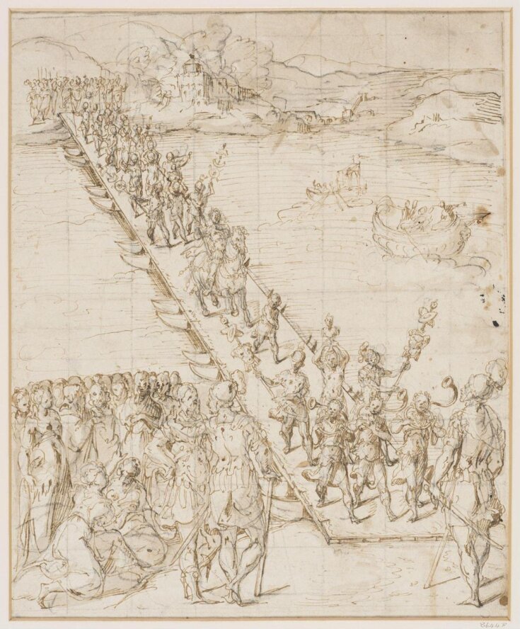 An army, with trumpeters and standard-bearers in the van, crossing a river by pontoon bridge top image