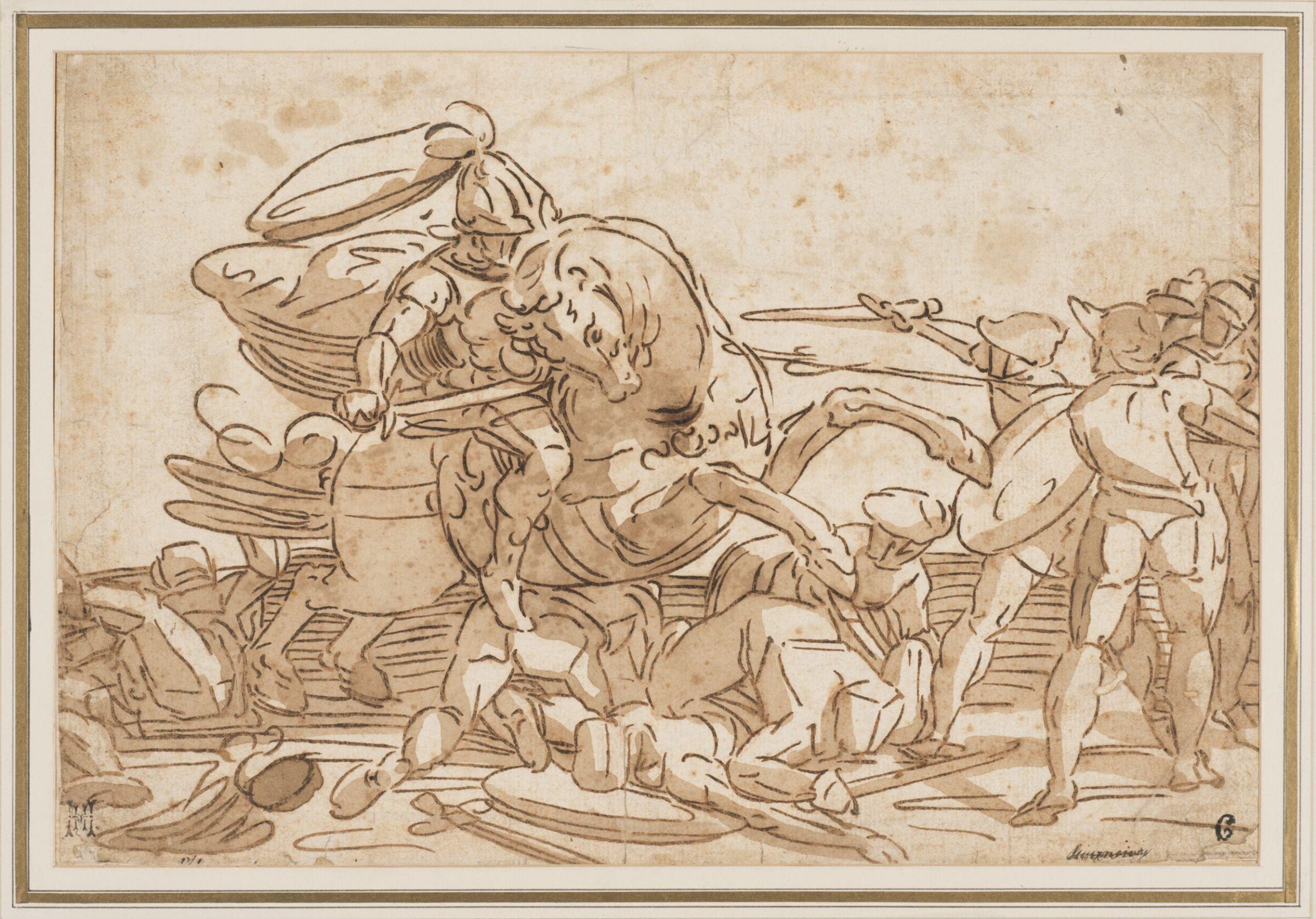 A mounted warrior attacking a party of foot soldiers, Cambiaso, ca. 1550-85