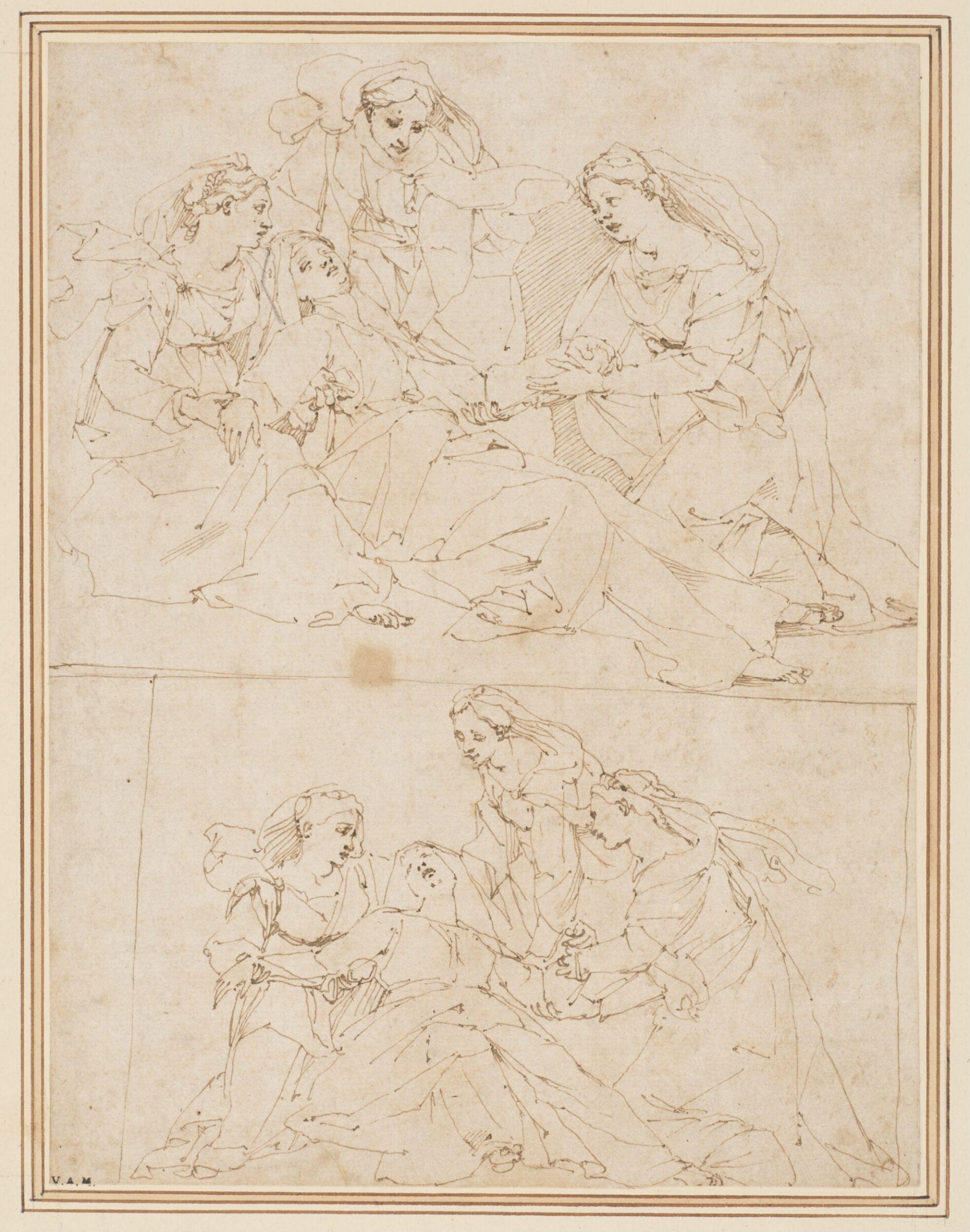 Studies (2 on 1 sheet) of the grief-stricken Virgin Mary supported by three women, Andrea Boscoli, Second half 16th century