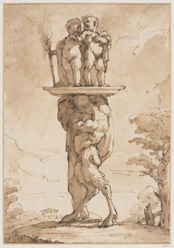 A faun in a landscape bearing a pair of putti on a tray on his head top image