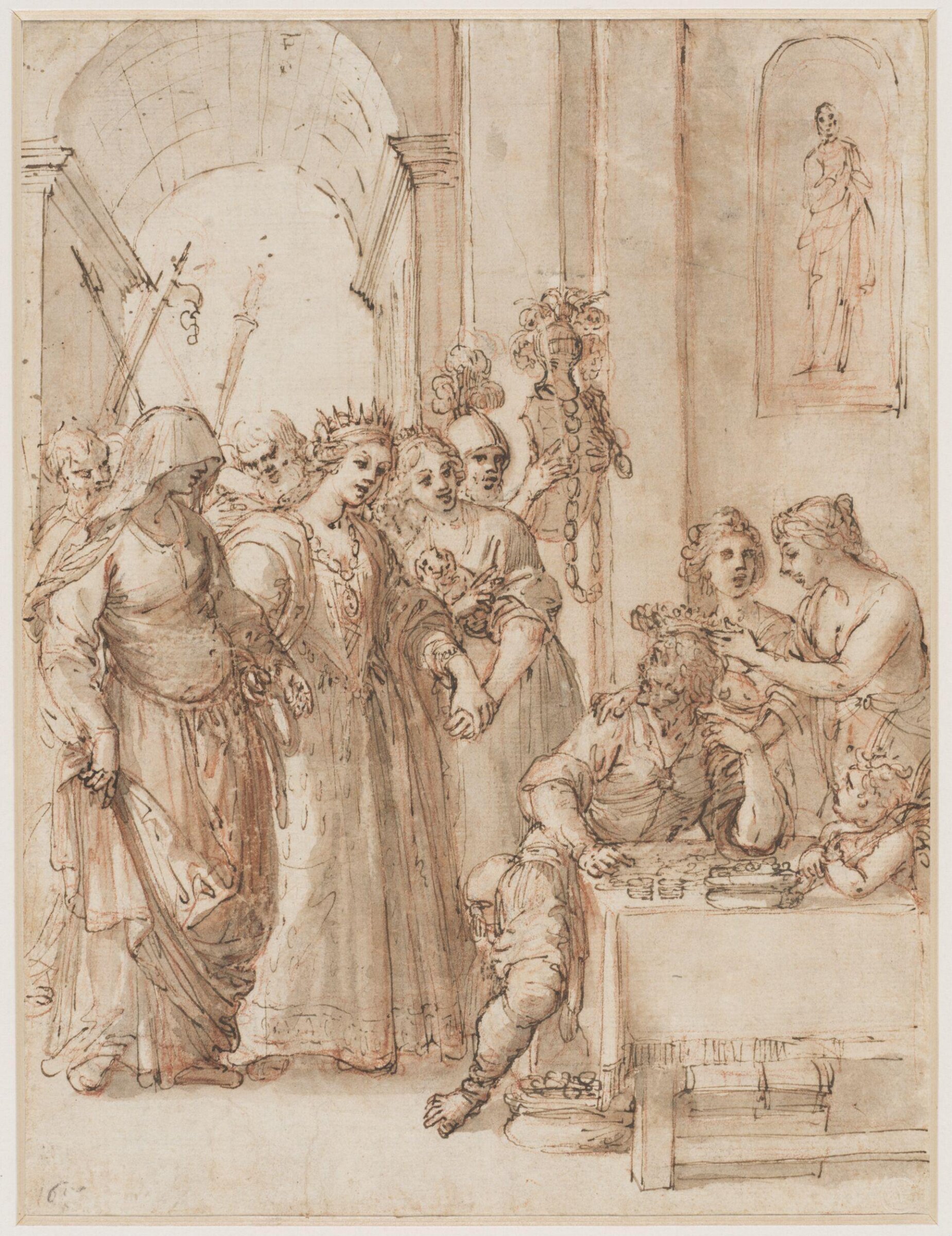 A historical or mythological scene: a man seated at a table is crowned by two women, while a queen wearing a crown enters behind him, attended by women and soldiers, Francesco Brizzi, 17th century