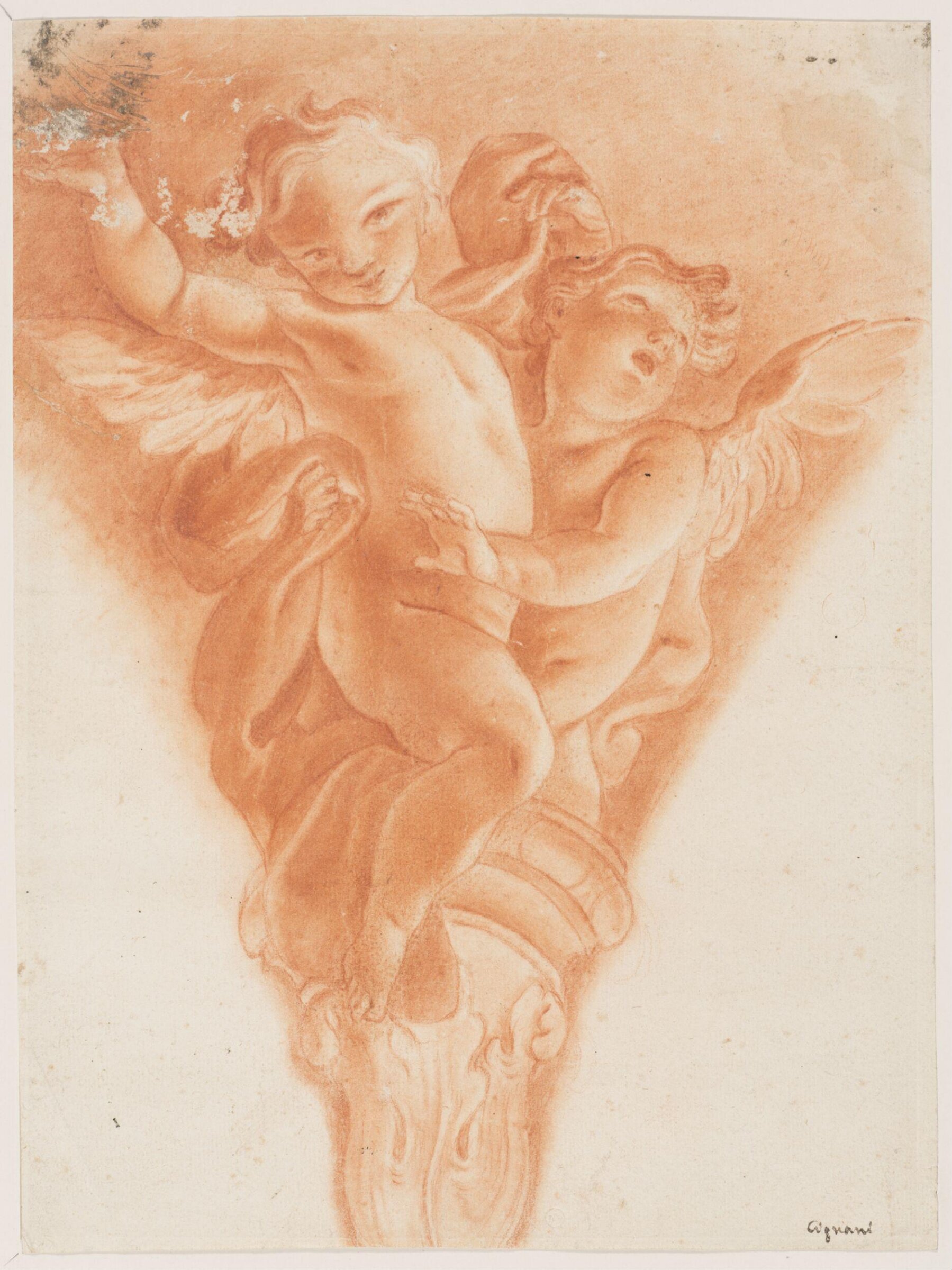 Design for the decoration of a spandrel or pendentive: two putti embracing above the capital of a column, copy after Carlo Cignani, 17th century