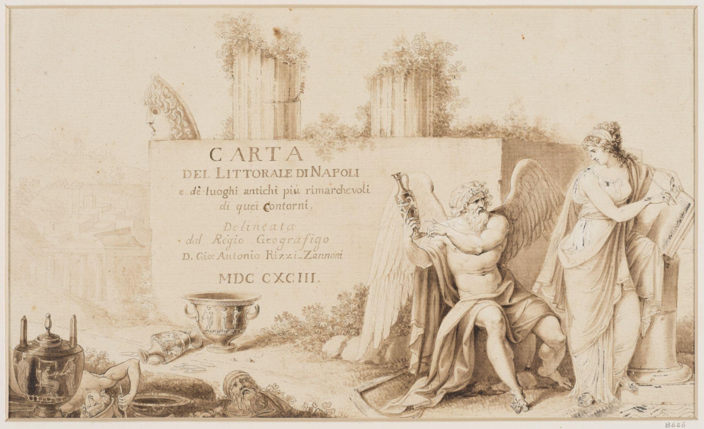 Design for a title for Rizzi-Zannoni's map of the Neopolitan littoral: a winged figure of Time seated among various trophies of the ancient world shows an amphora to a female chronicler, Giuseppe Cammarano, ca. 1790-1840