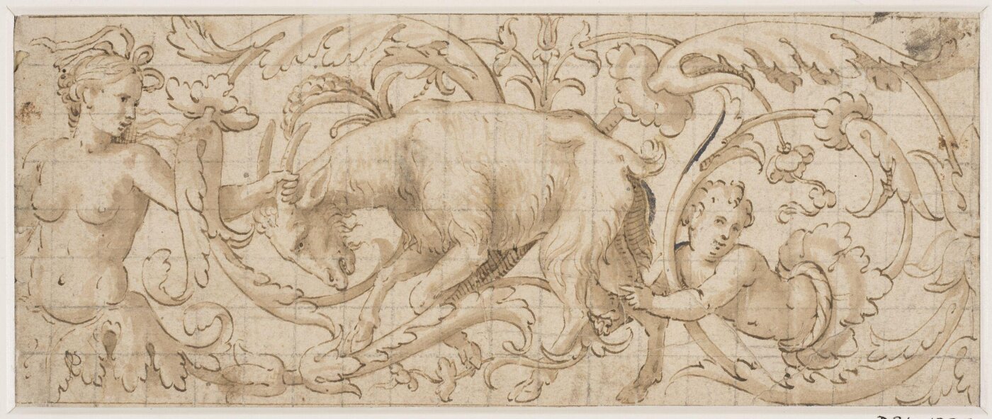 Antonio Campi, Frieze of foliated ornament containing a goat and two human figures