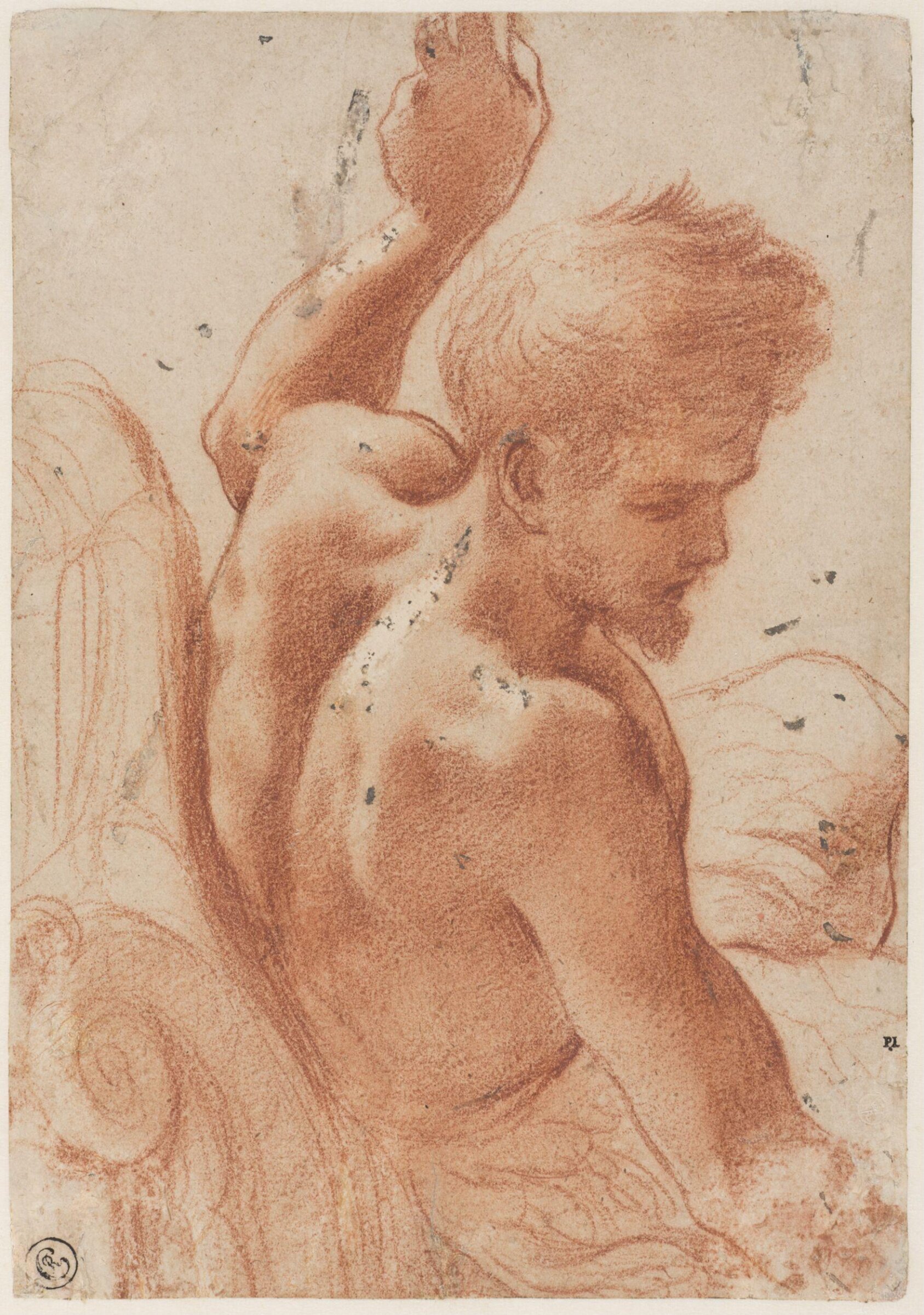 Male nude reclining against the scrolled back of a couch, Carracci, ca. late 16th century