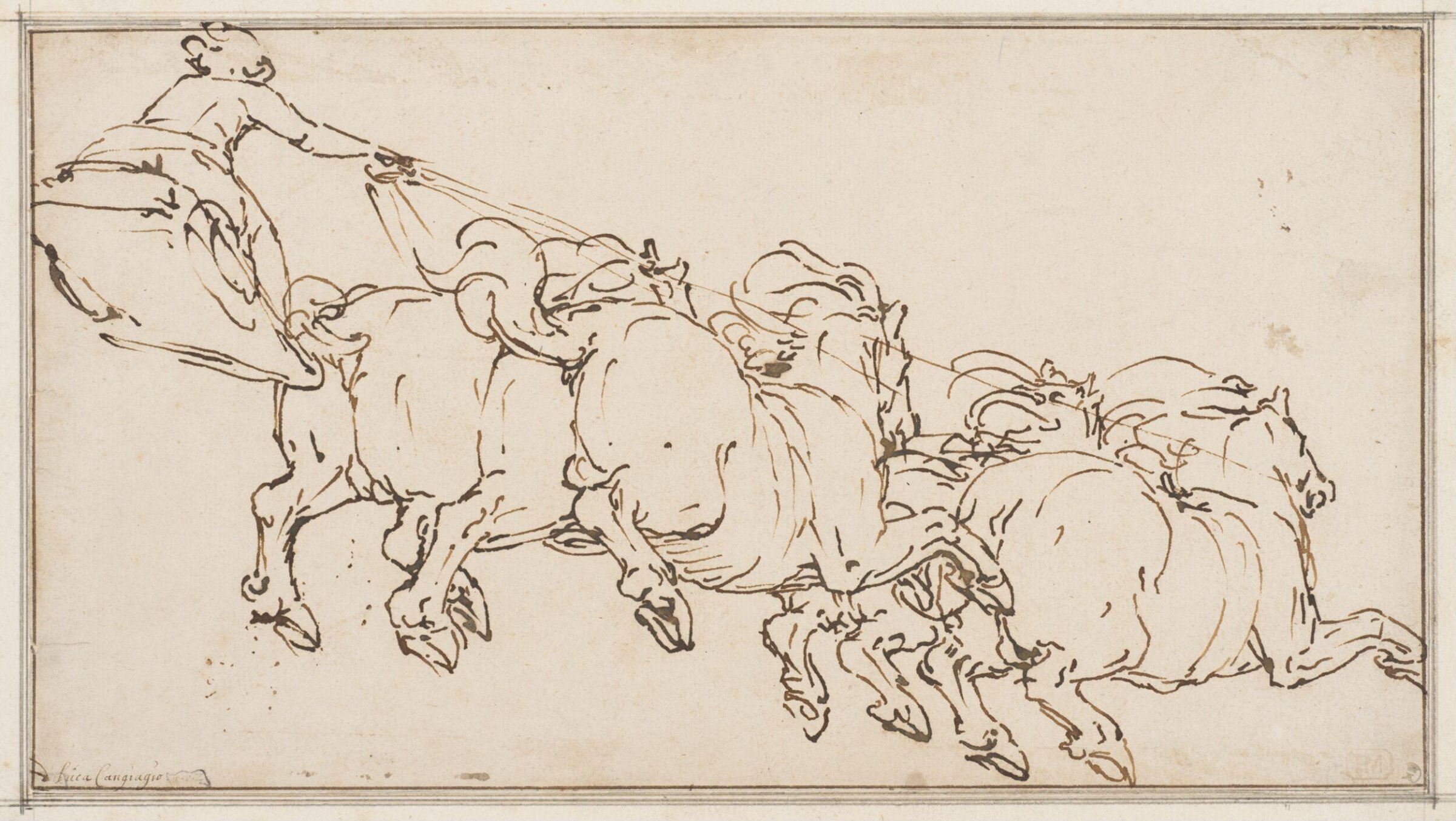 A team of four horses drawing a chariot, Cambiaso, ca. 1550-85