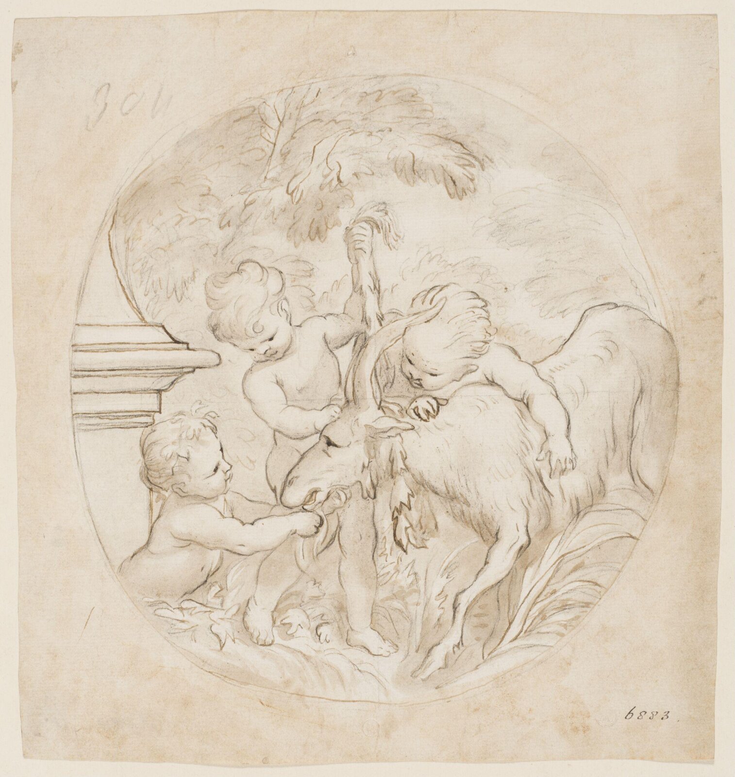Three putti playing with a goat, early 18th century