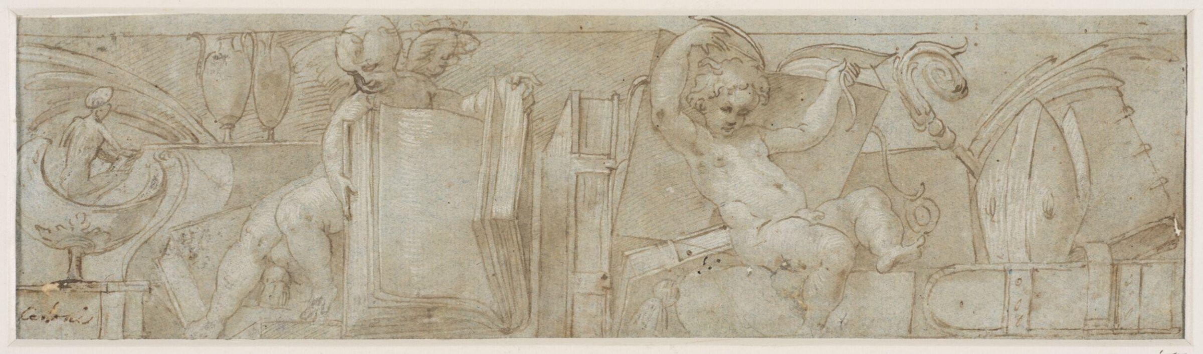 Designs(2) for friezes with putti playing among books, chalices,  candlesticks etc, Innocenzo Martini, 1500