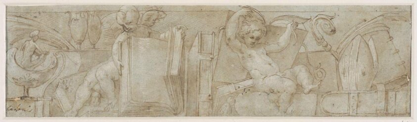 Designs(2) for friezes with putti playing among books, chalices, candlesticks etc (1500) by Joseph De Martini
