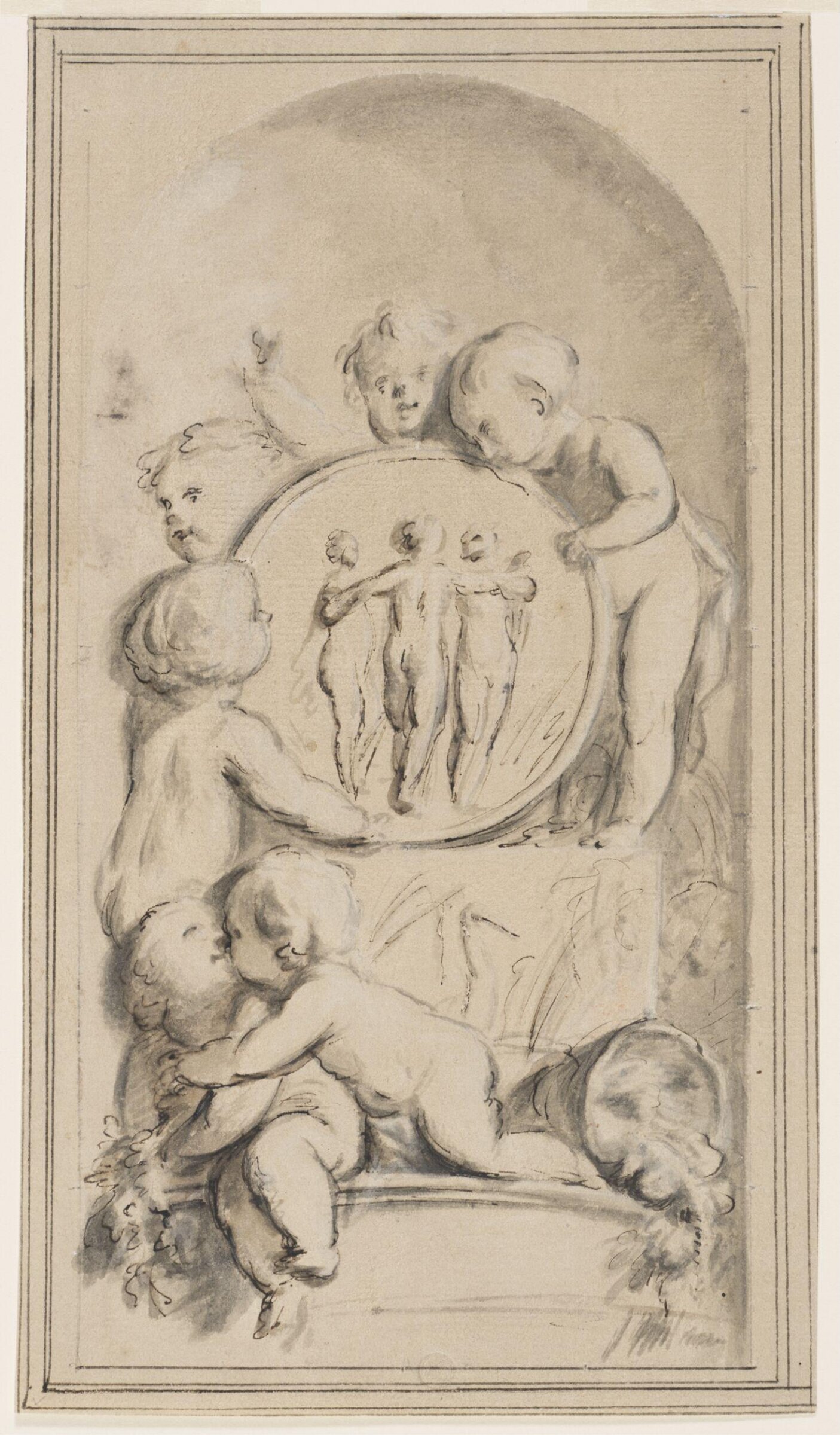 Grisaille overdoor or chimneybreast: the Three Graces, copy after Jacob de Wit, 18th century