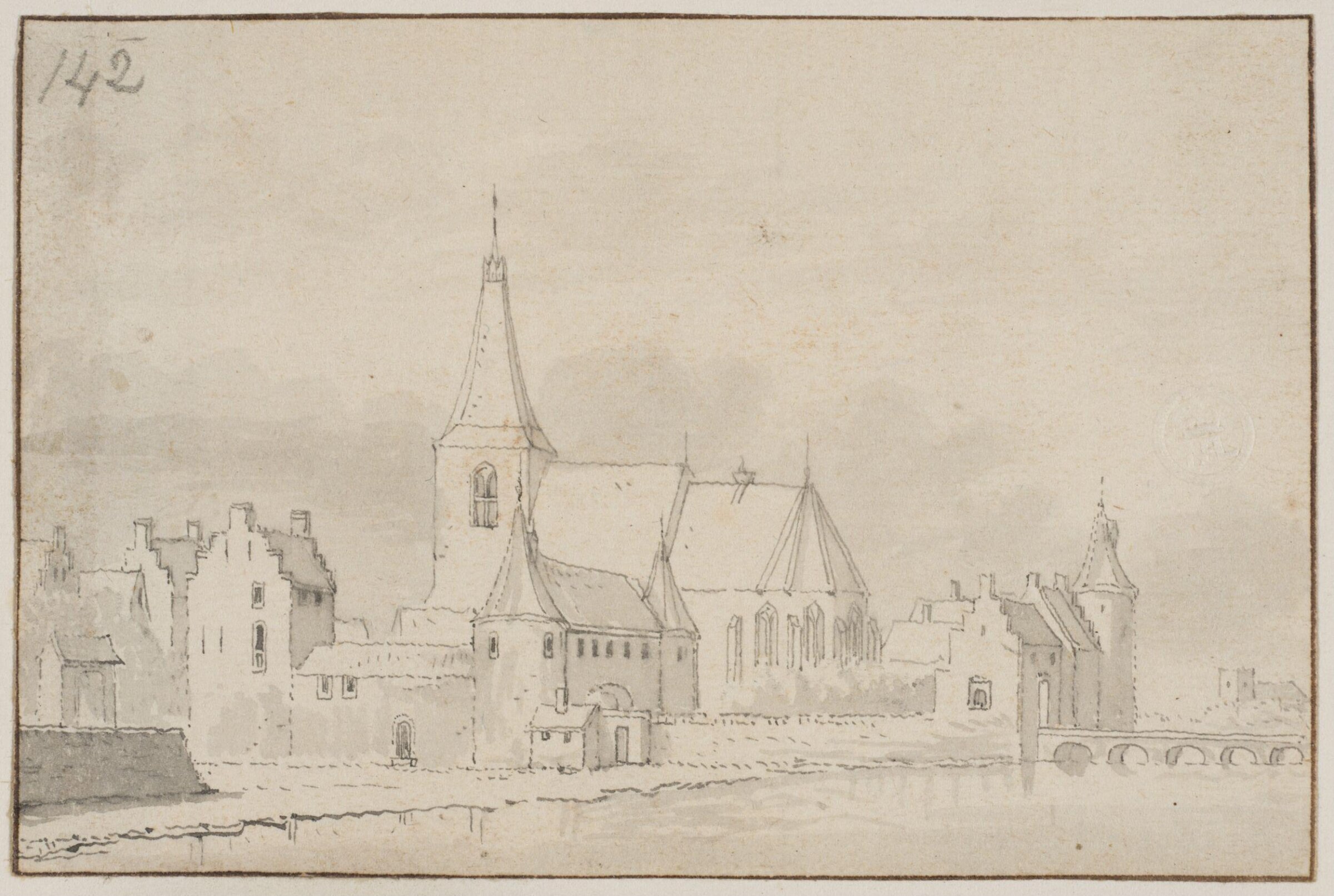 View of Gennep, looking west-southwest across the river Niers, at the Nierspoort and the church of St Martinus, Louis Philippus Serrurier, 18th century