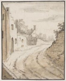 Village street with buildings on the left and crumbling wall on the right thumbnail 1