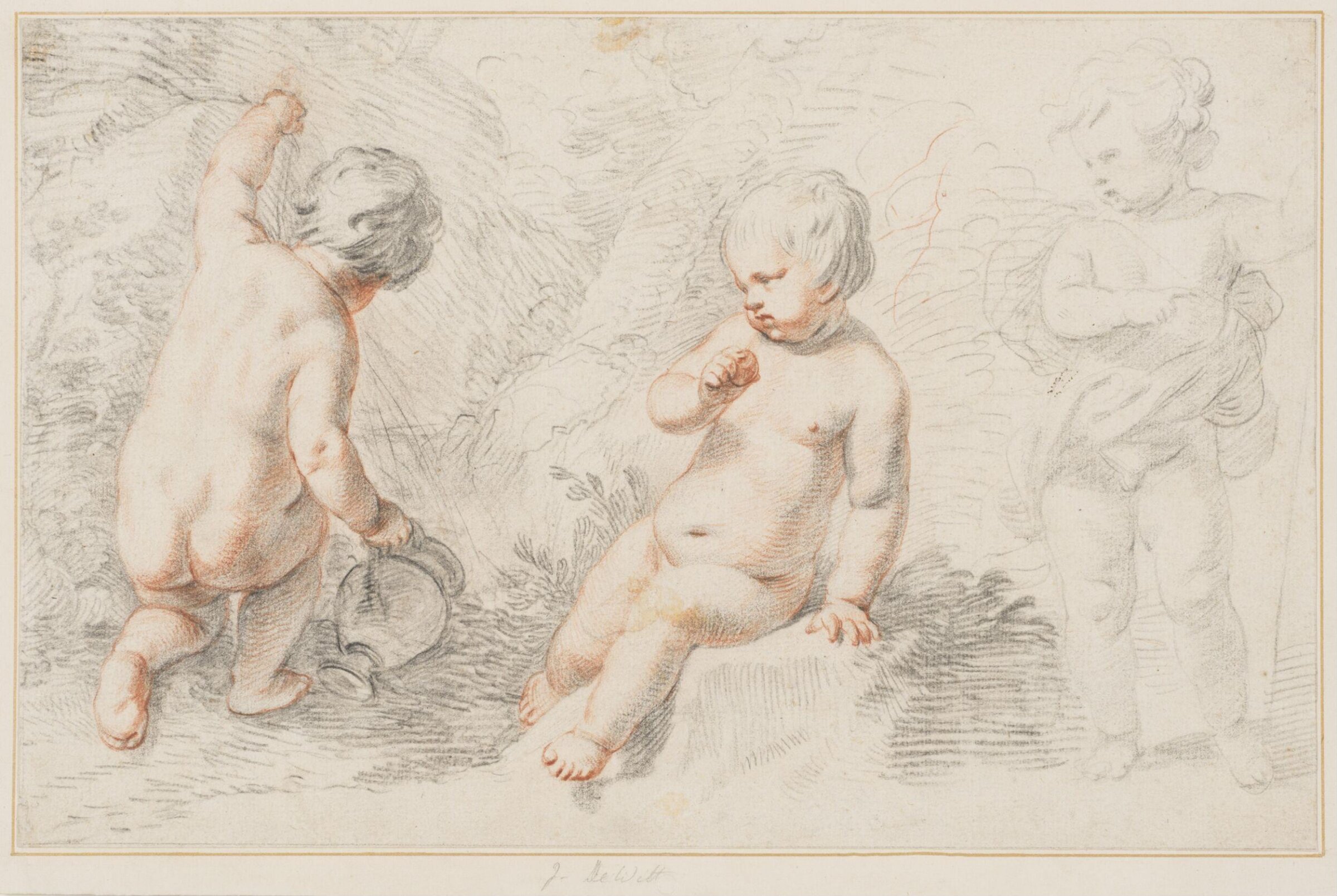 Three putti in a landscape, manner of Jacob de Wit, 18th century