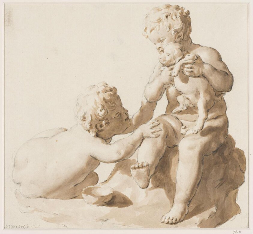 Two naked children playing with a puppy (ca. 1710) by Nicolaas Verkolje