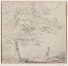 Landscape with a Tree Beside a Road with a Man Walking with his Dog thumbnail 1