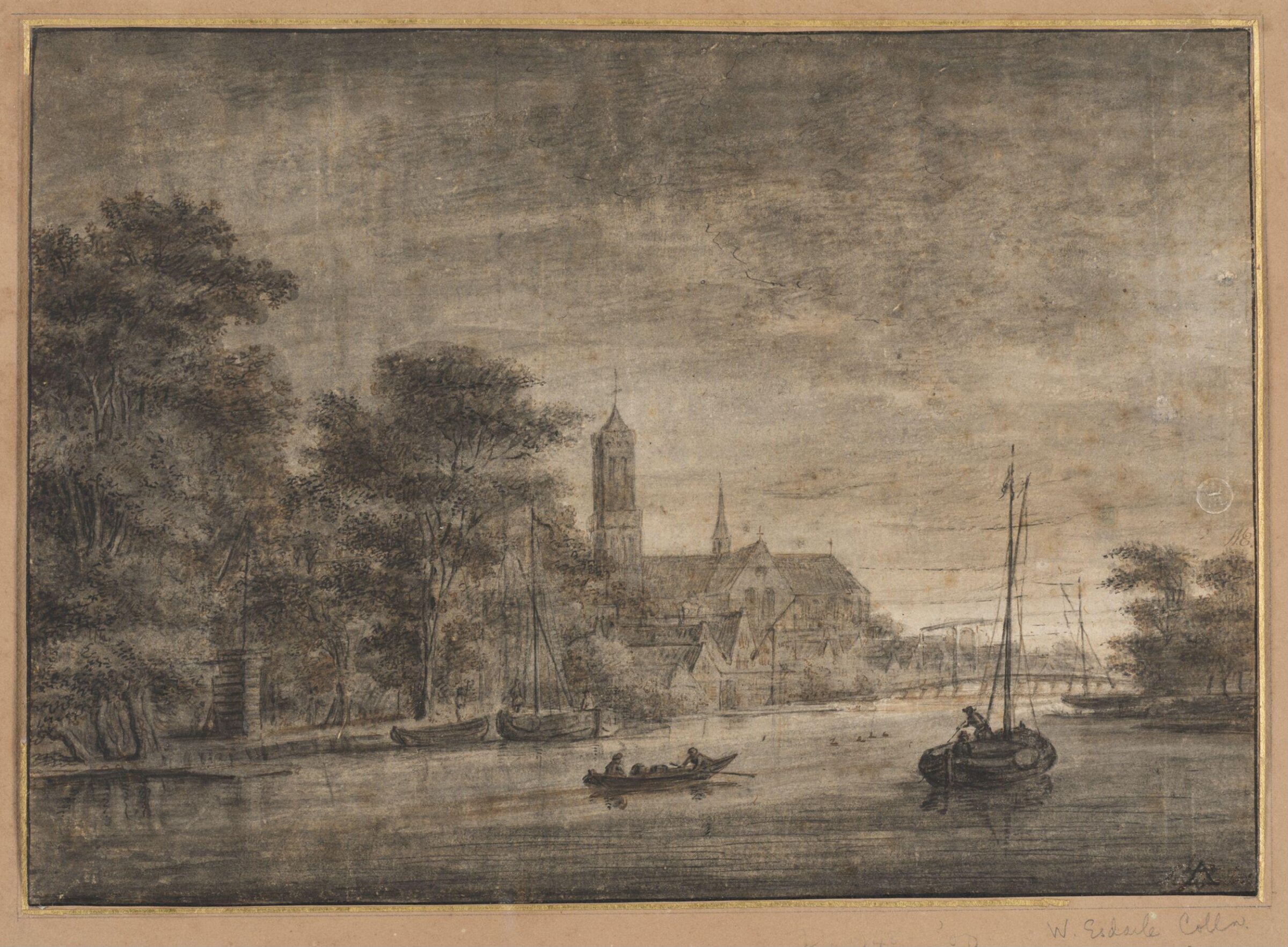 View of Loenen Aan de Vecht in evening, seen from the south, with the church of st Ludgerus beyond trees, Aert van der Neer, 17th century