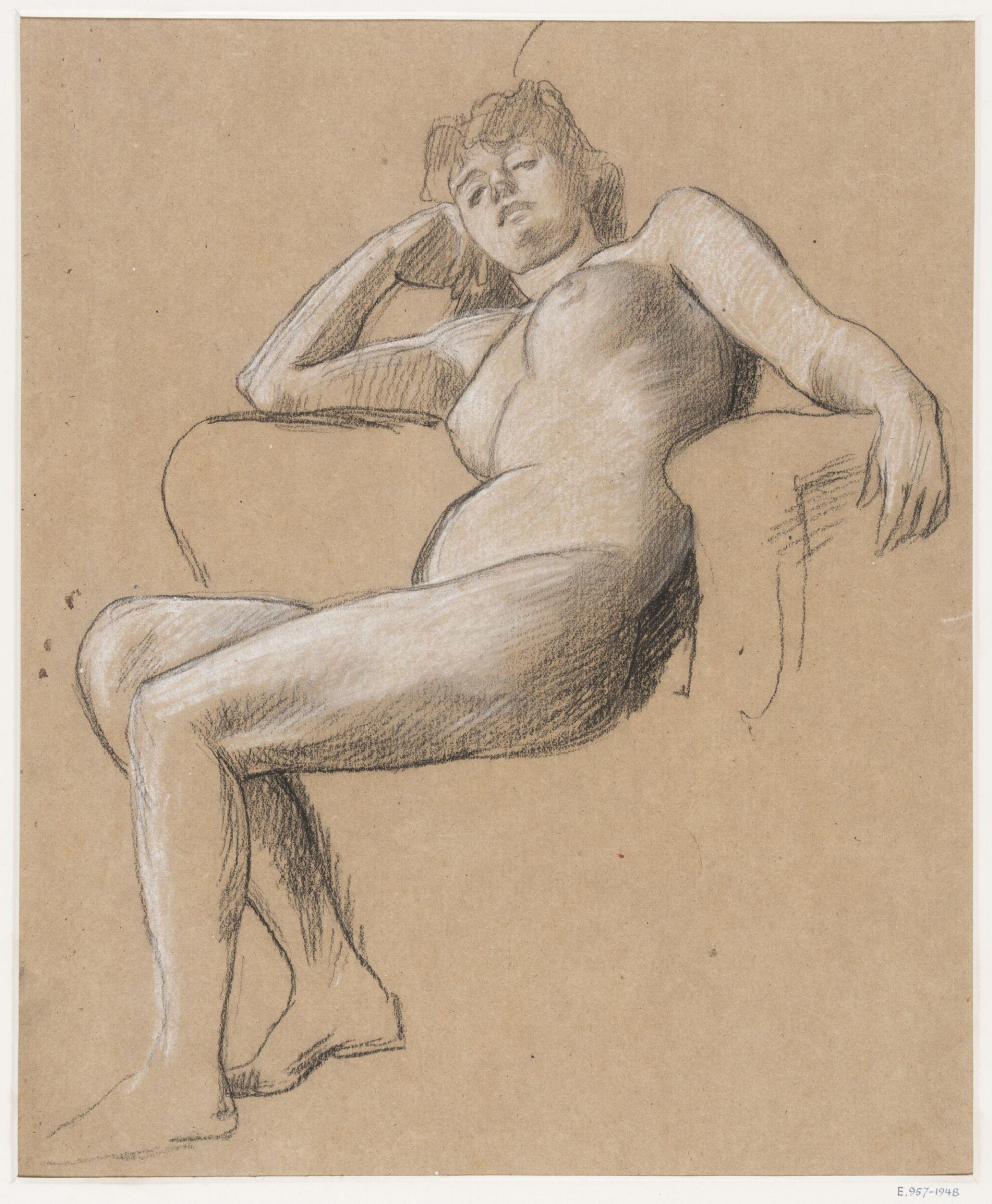 Study of a female nude seated in a chair and resting the head on the right hand, Frederic Lord Leighton, 1830-1896