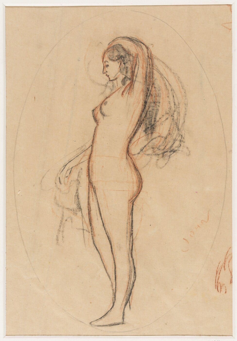 unknown, Sketch of a female nude with her left arm flexed over her head