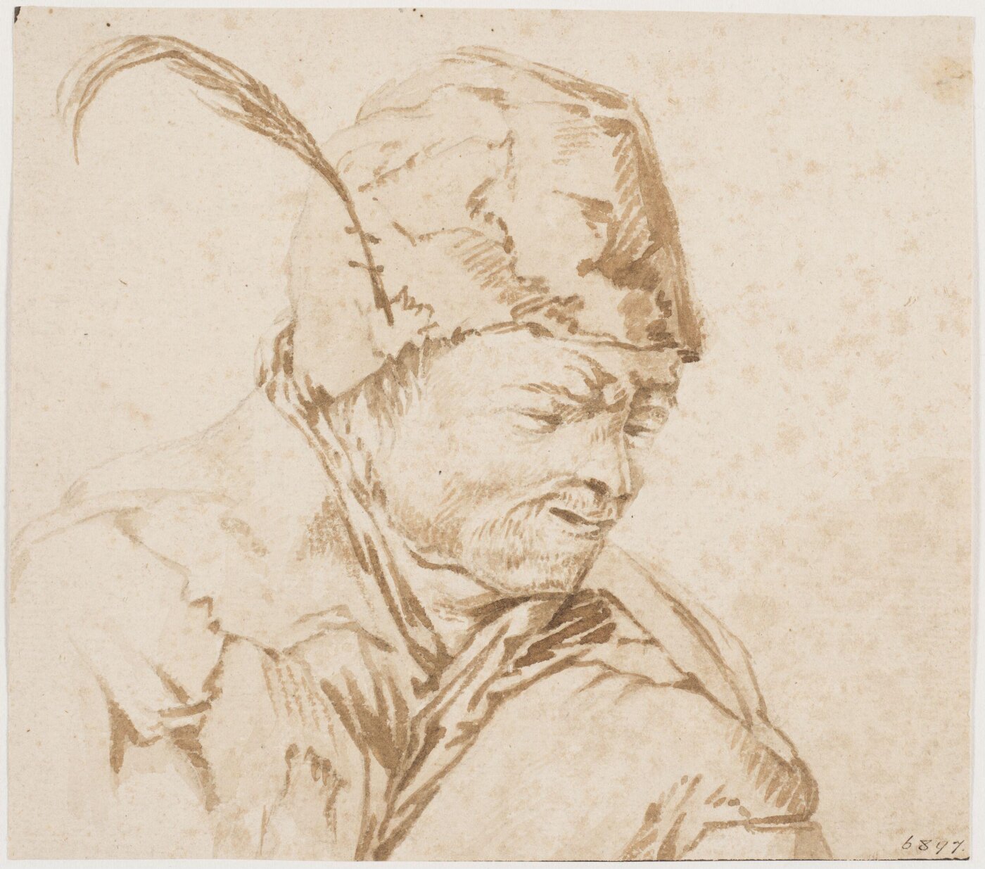 Adriaen Brouwer, Head and Shoulders of a Peasant Wearing a Close-fitting Cap with a Feather