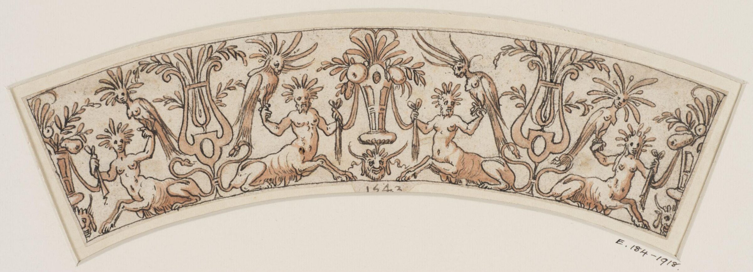 Design for a Circular Border with Grotesque Ornament and Mythical Creatures (Harpies and Sphinxes), Cornelis II Floris, 1542