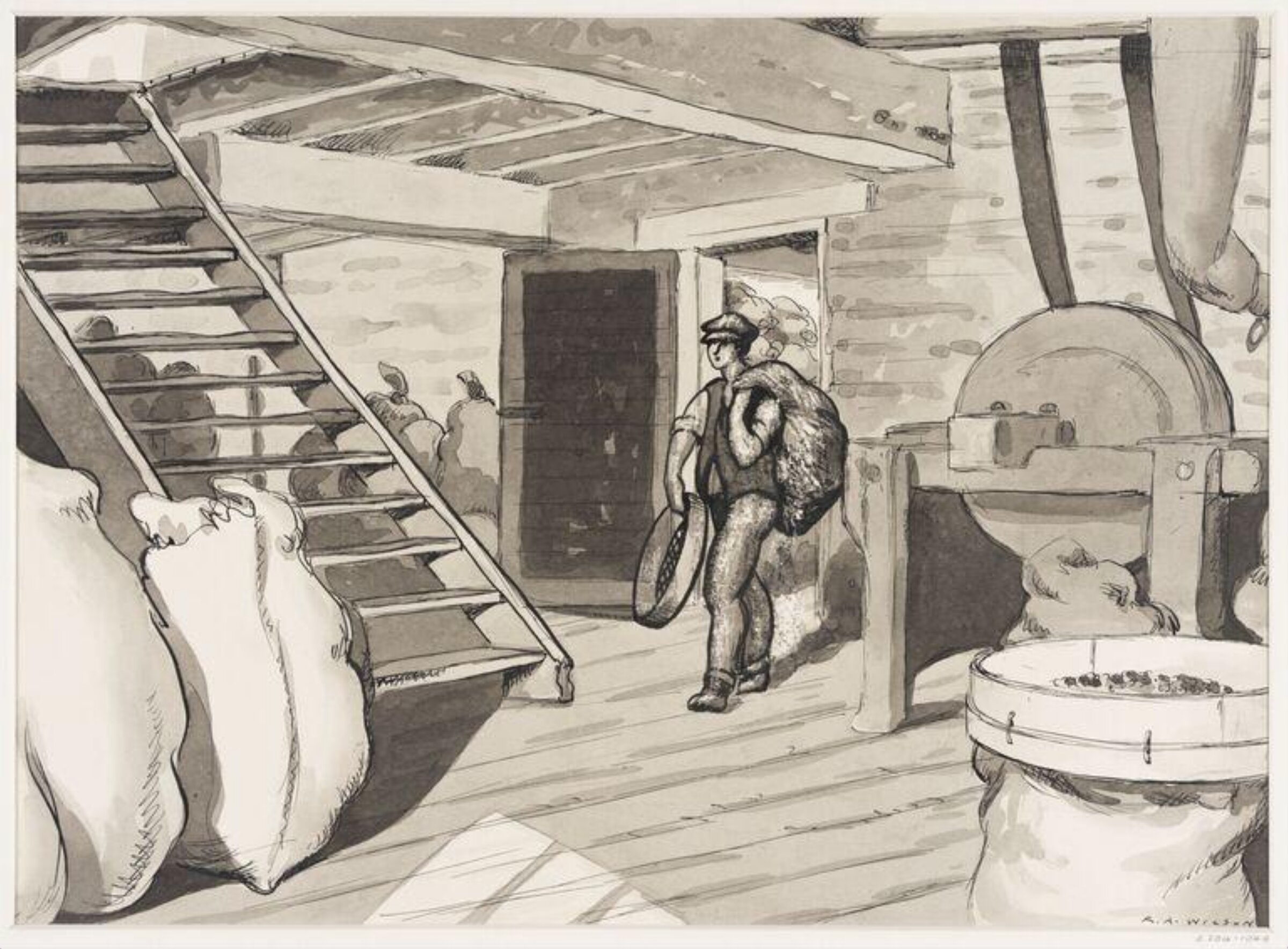 Interior of flour mill, Emsworth, Hampshire., Robert Arthur Wilson, 1936