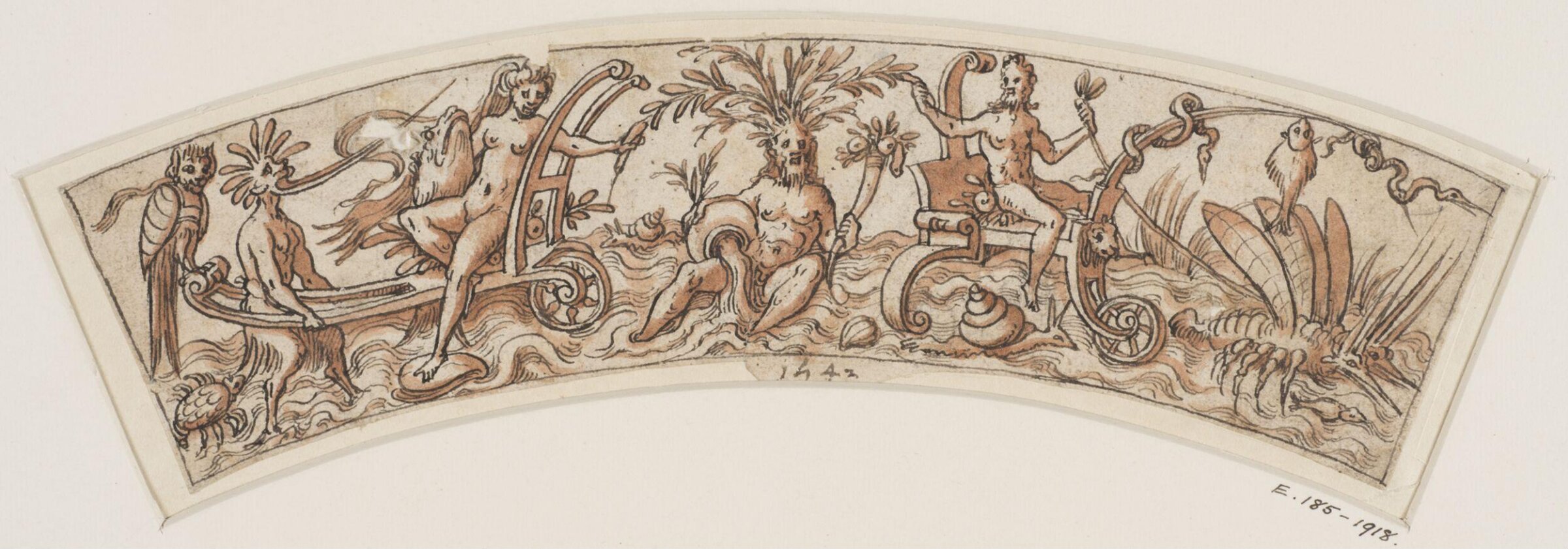 Design for a Circular Border with Grotesque Ornament and Mythical Sea Creatures (Satyr, Nereids and Aquatic Deities), Cornelis II Floris, 1542
