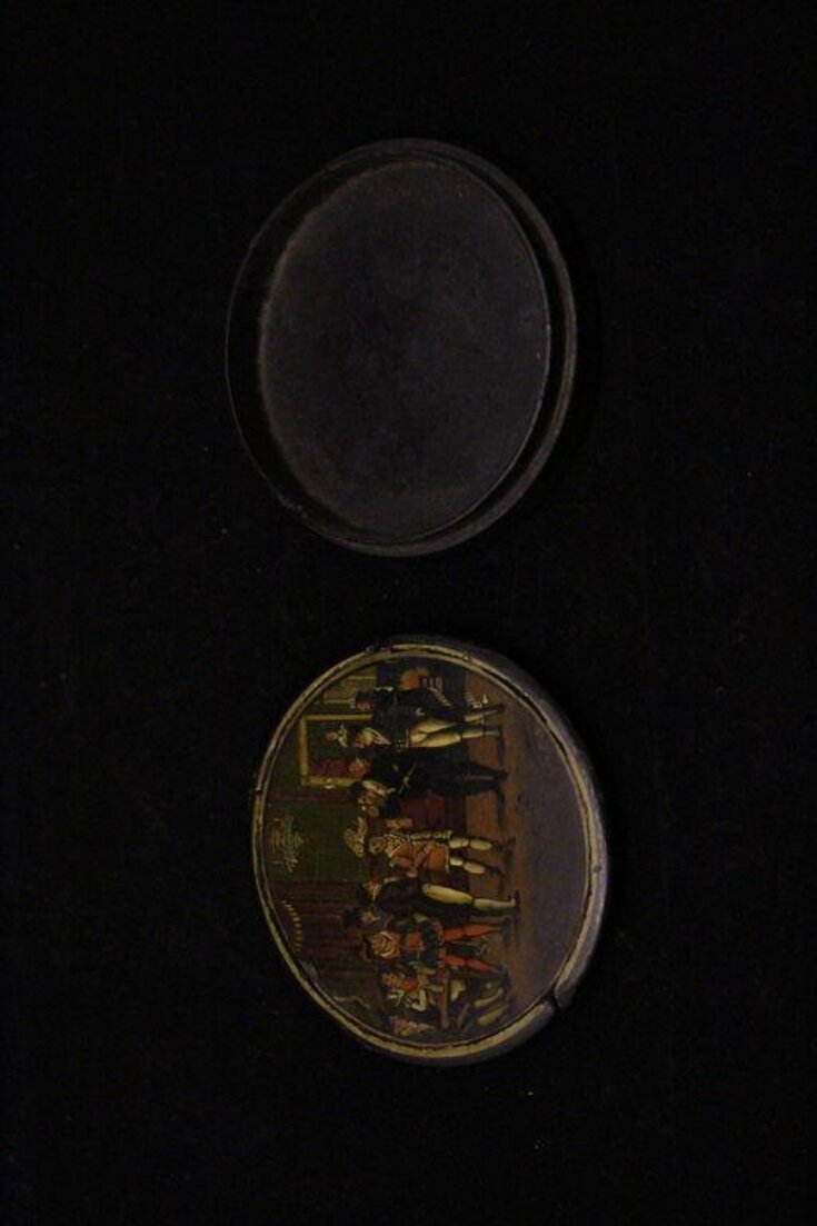 Snuff box, the lid illustrated with an image of Madame Vestris as Don Giovanni in the Green Room of the Theatre Royal Drury Lane meeting Tom and Jerry  top image