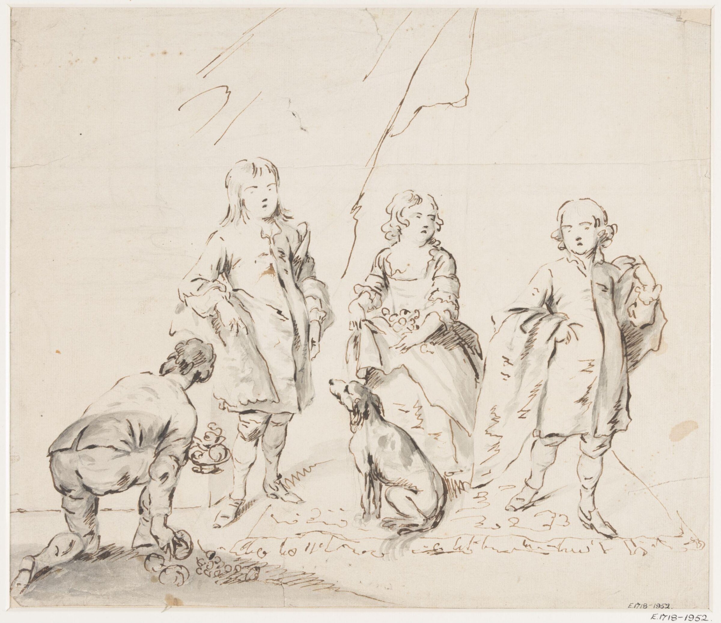 Two boys and a girl standing on a carpet., John Vanderbank the younger, early 18th century