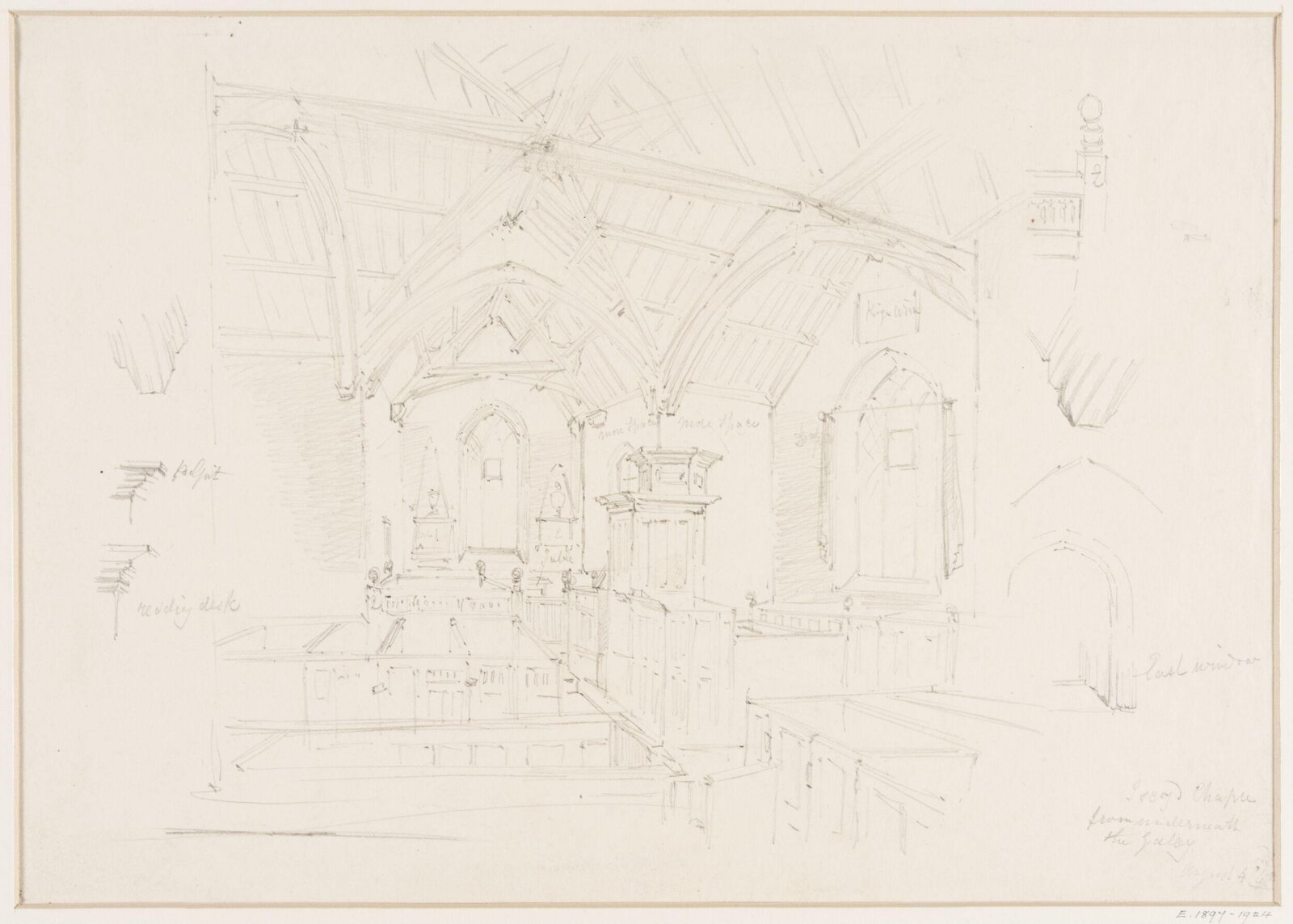 Iscoyd Chapel, from underneath the gallery, William H. Tasker, 4 August 1843