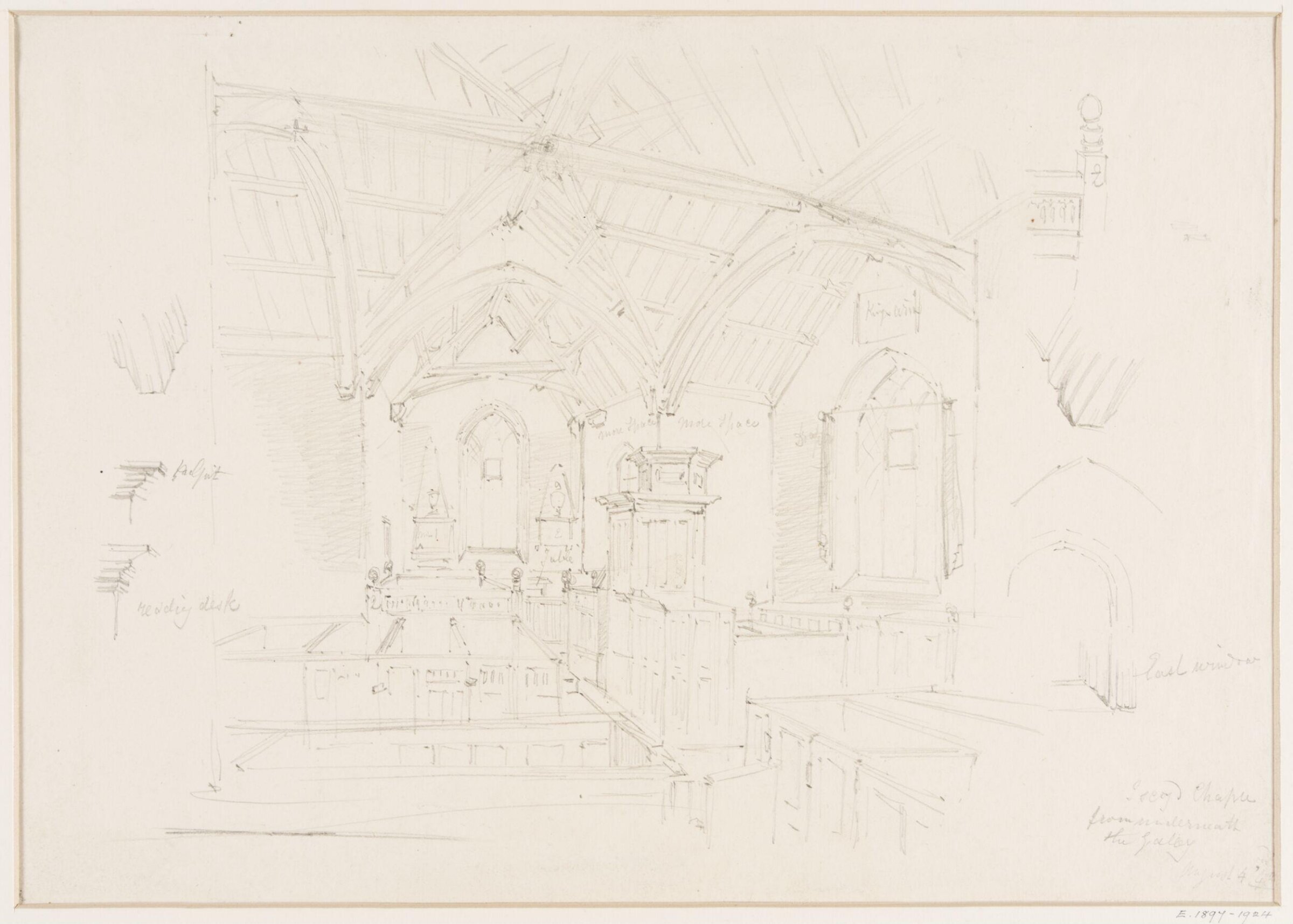 Iscoyd Chapel, from underneath the gallery, William H. Tasker, 4 August 1843