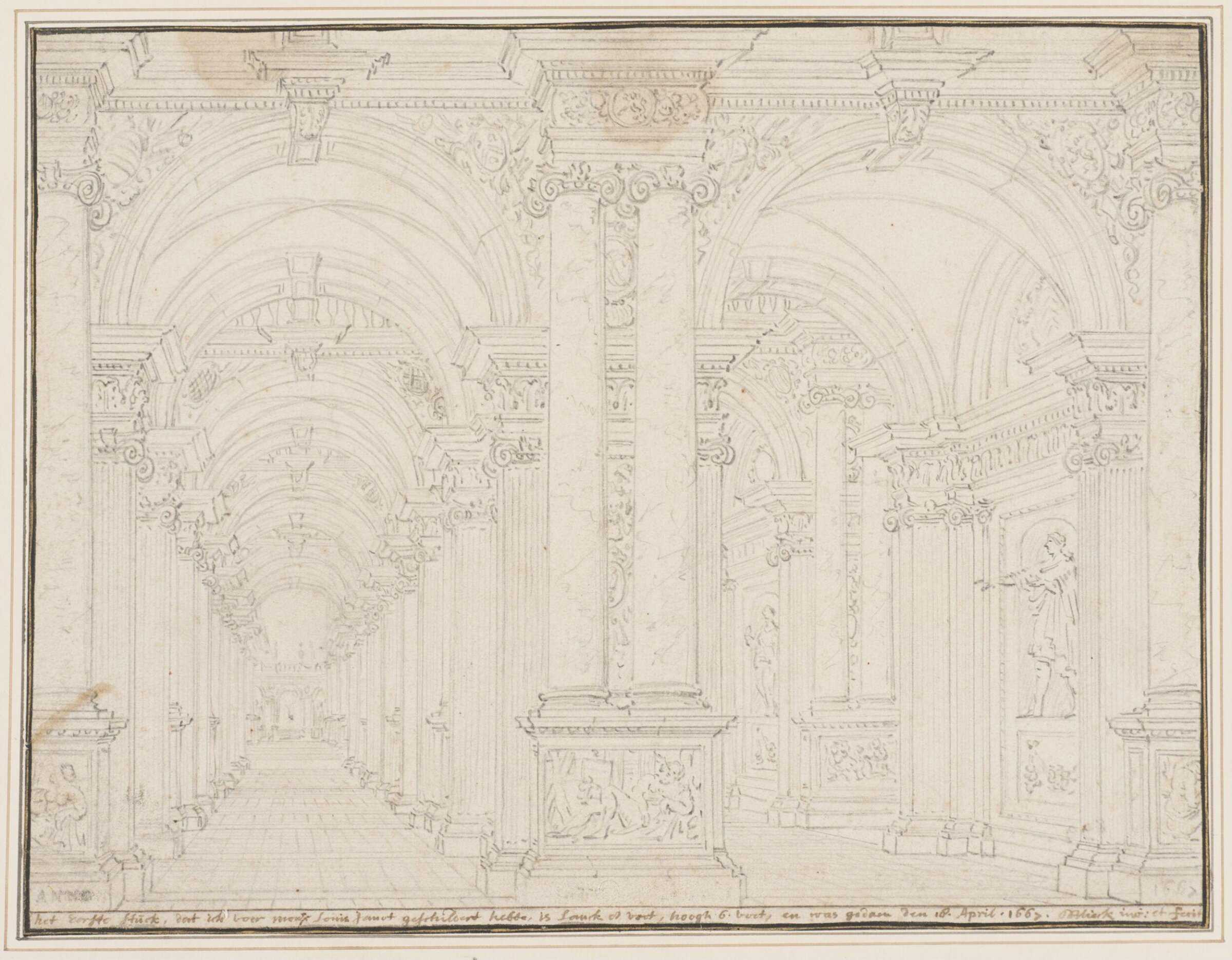 View of the nave and side aisle of an Italianate church, Daniël de Blieck, 1667